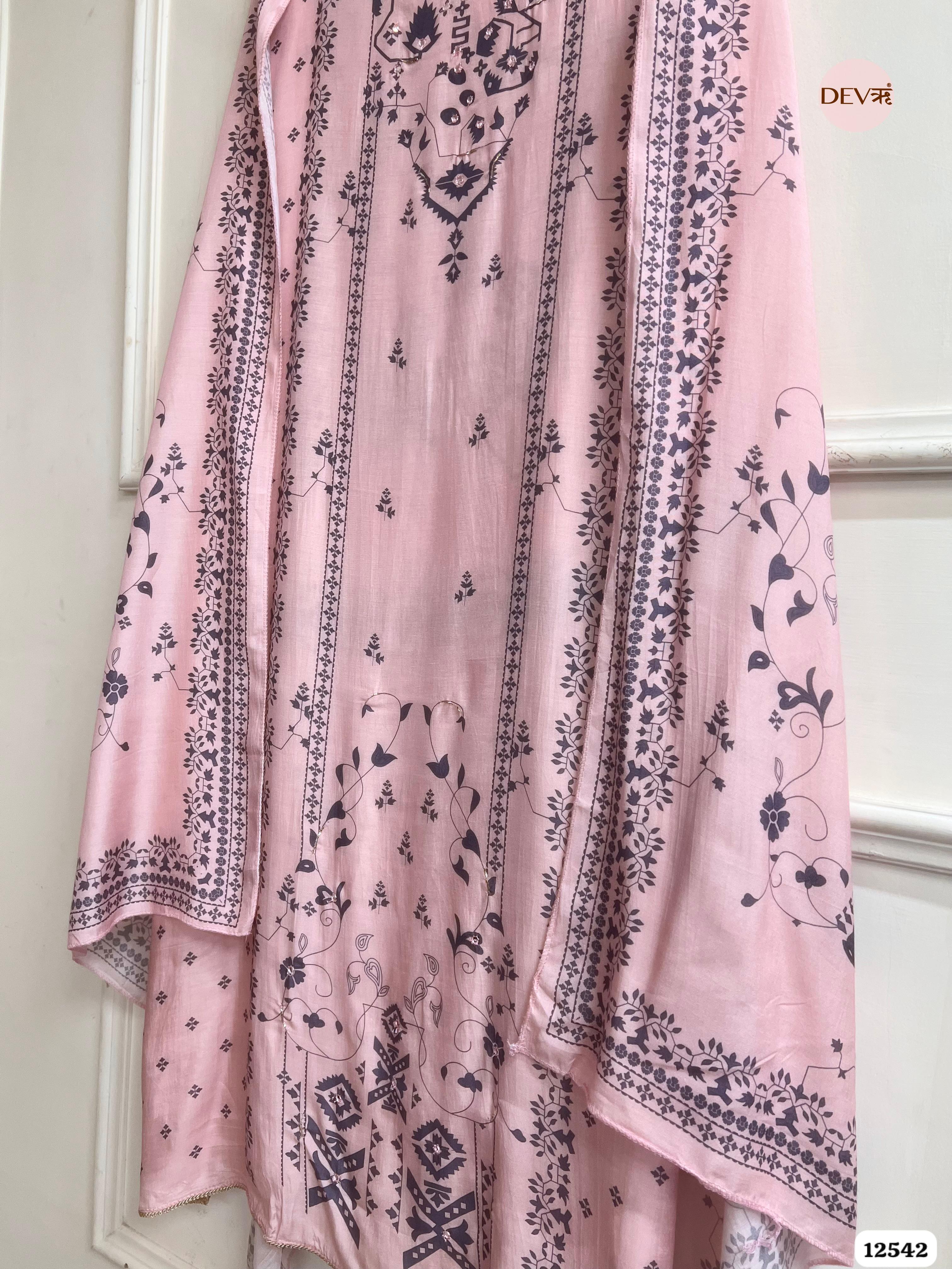 Pink Muslin Printed Unstitched 3-Piece Suit (Devri – D.No 12542)
