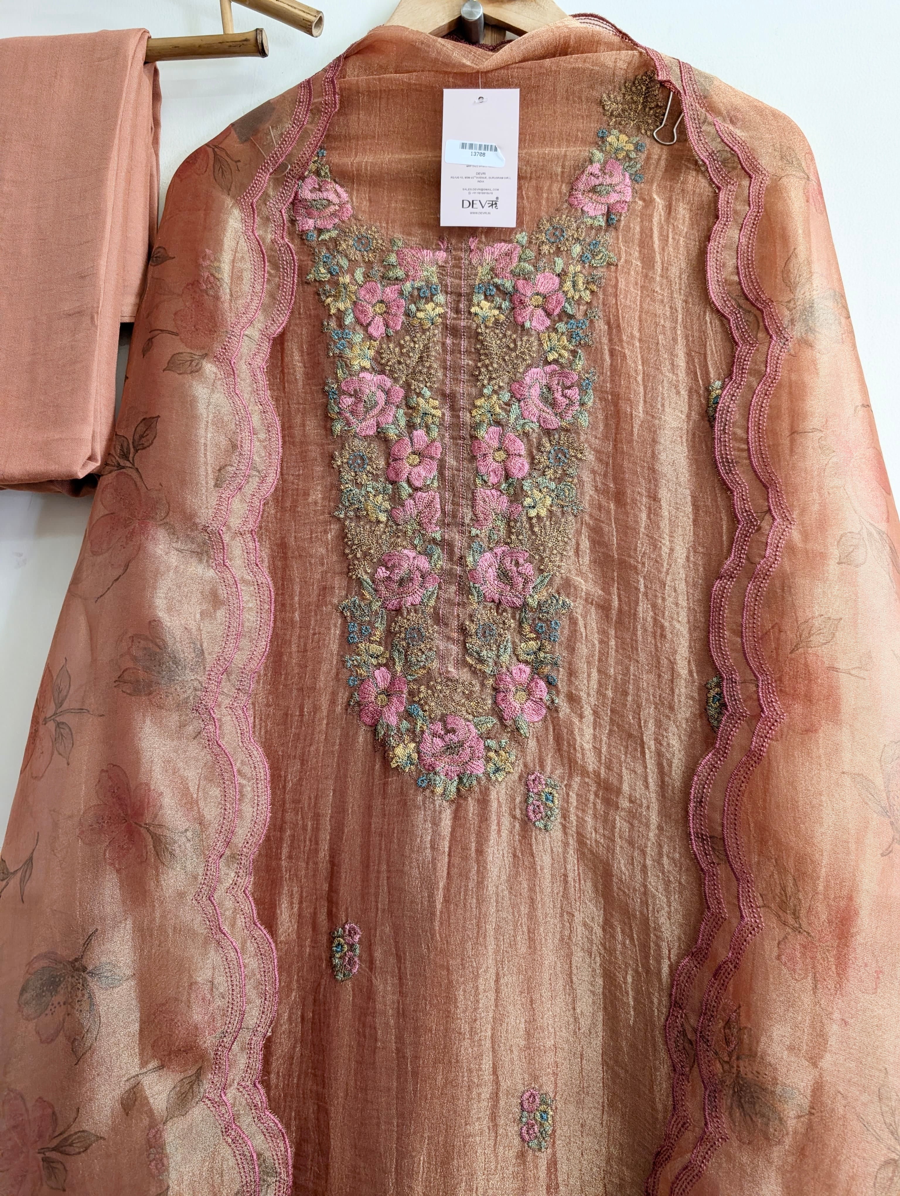 Peach Crush Tissue Silk Embroidered Unstitched 3-Piece Suit (Devri – D.No 13708)