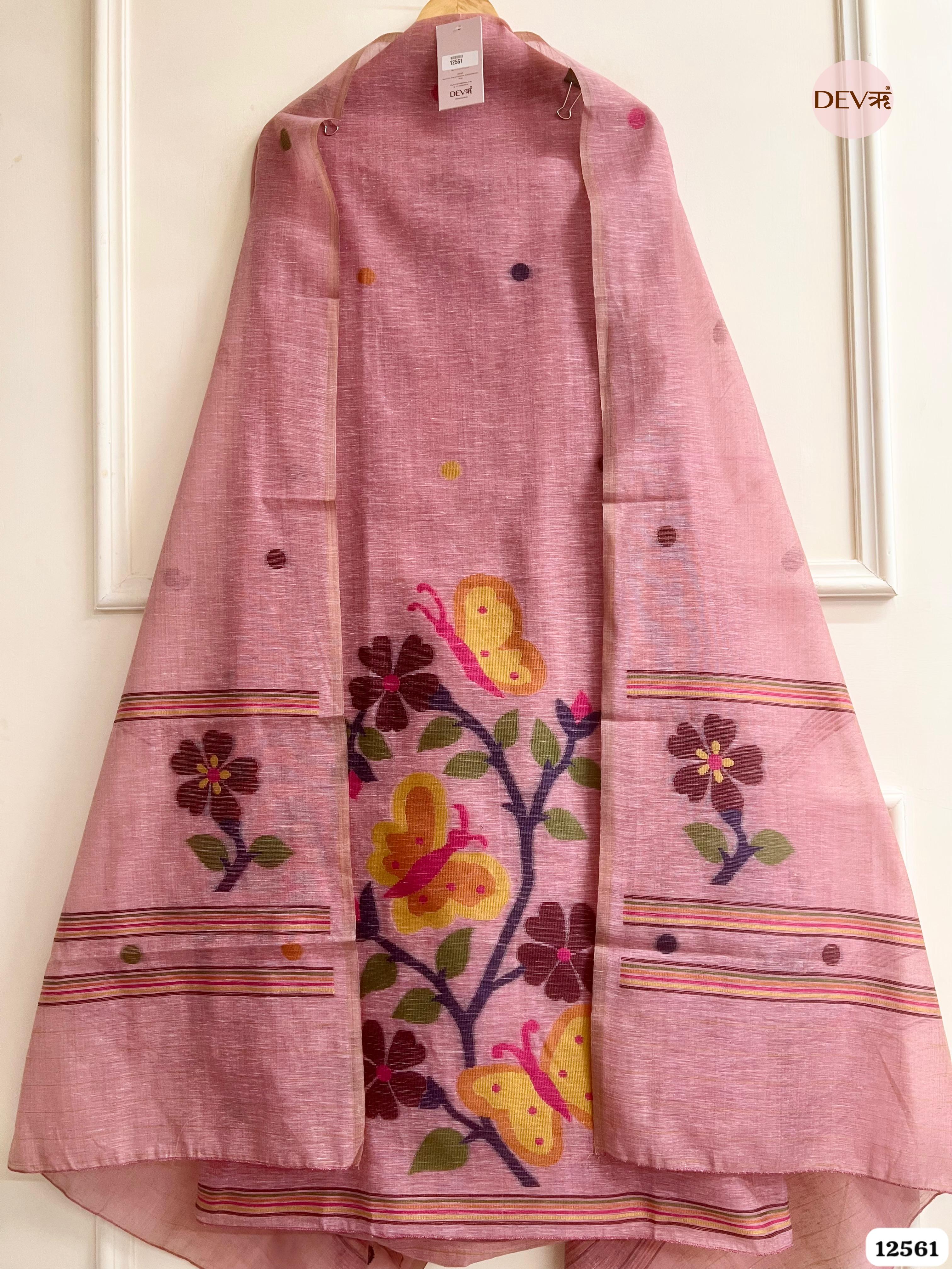 Pink Linen Printed Unstitched 3-Piece Suit (Devri – D.No 12561)