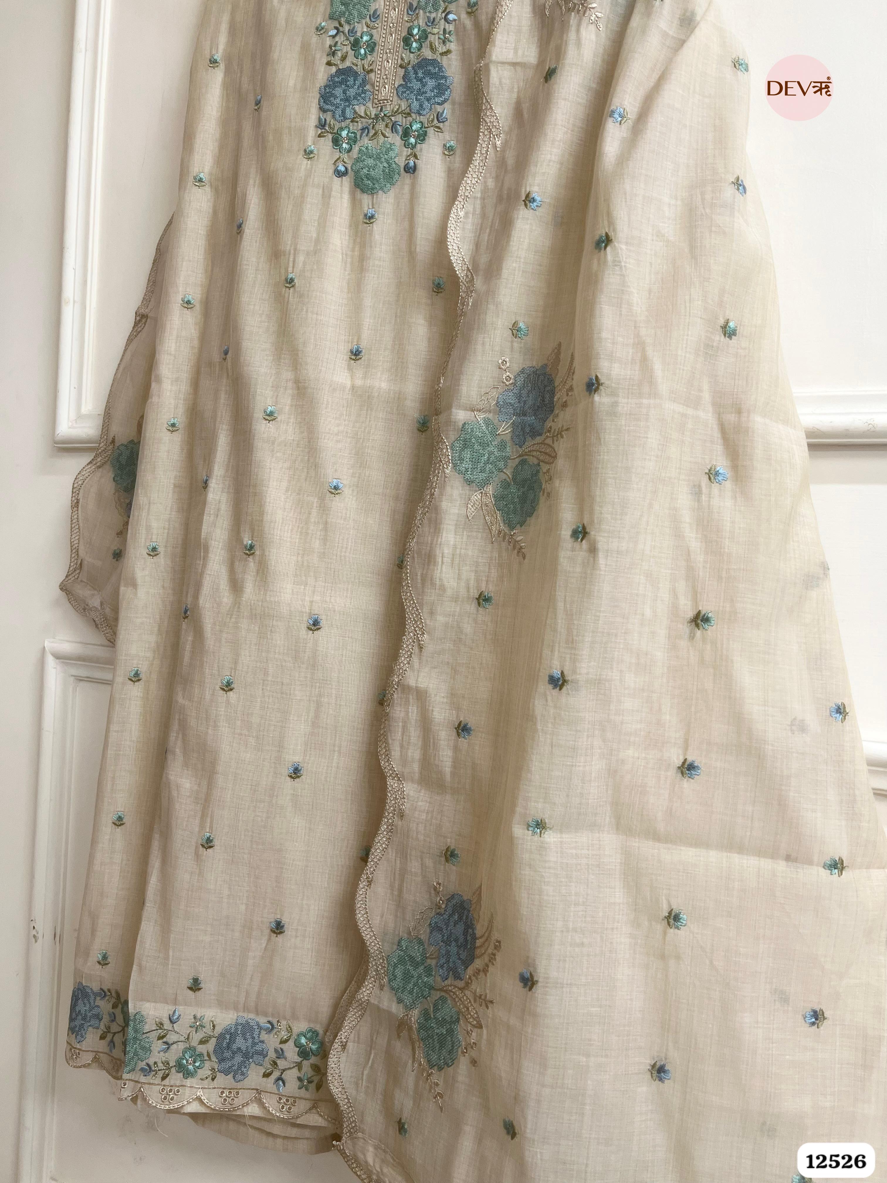 baige Mul Chanderi Embroidered Unstitched 3-Piece Suit (Devri – D.No. 12526)