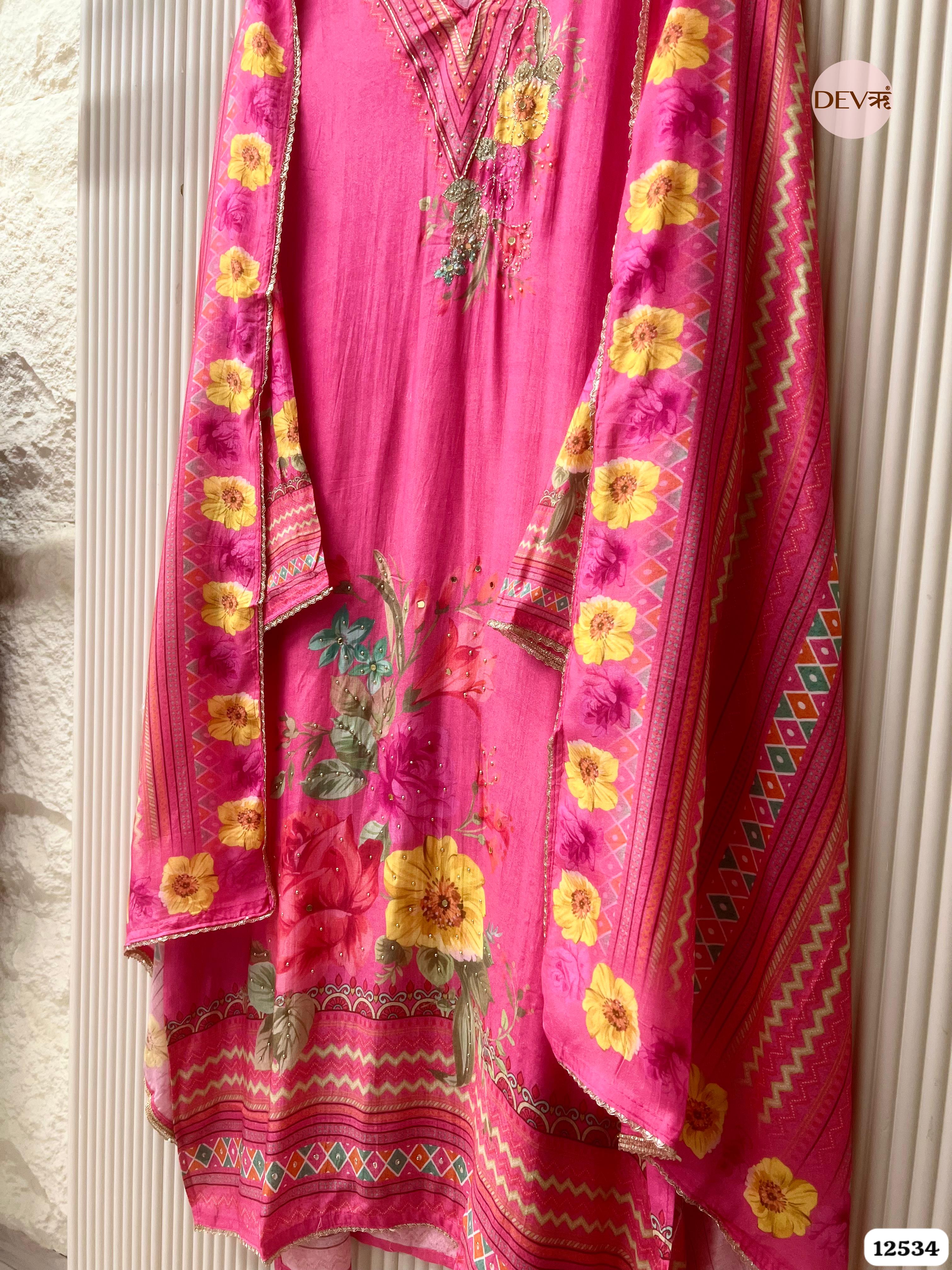 Deep Pink Muslin Printed Unstitched 3-Piece Suit (Devri – D.No . 12534)