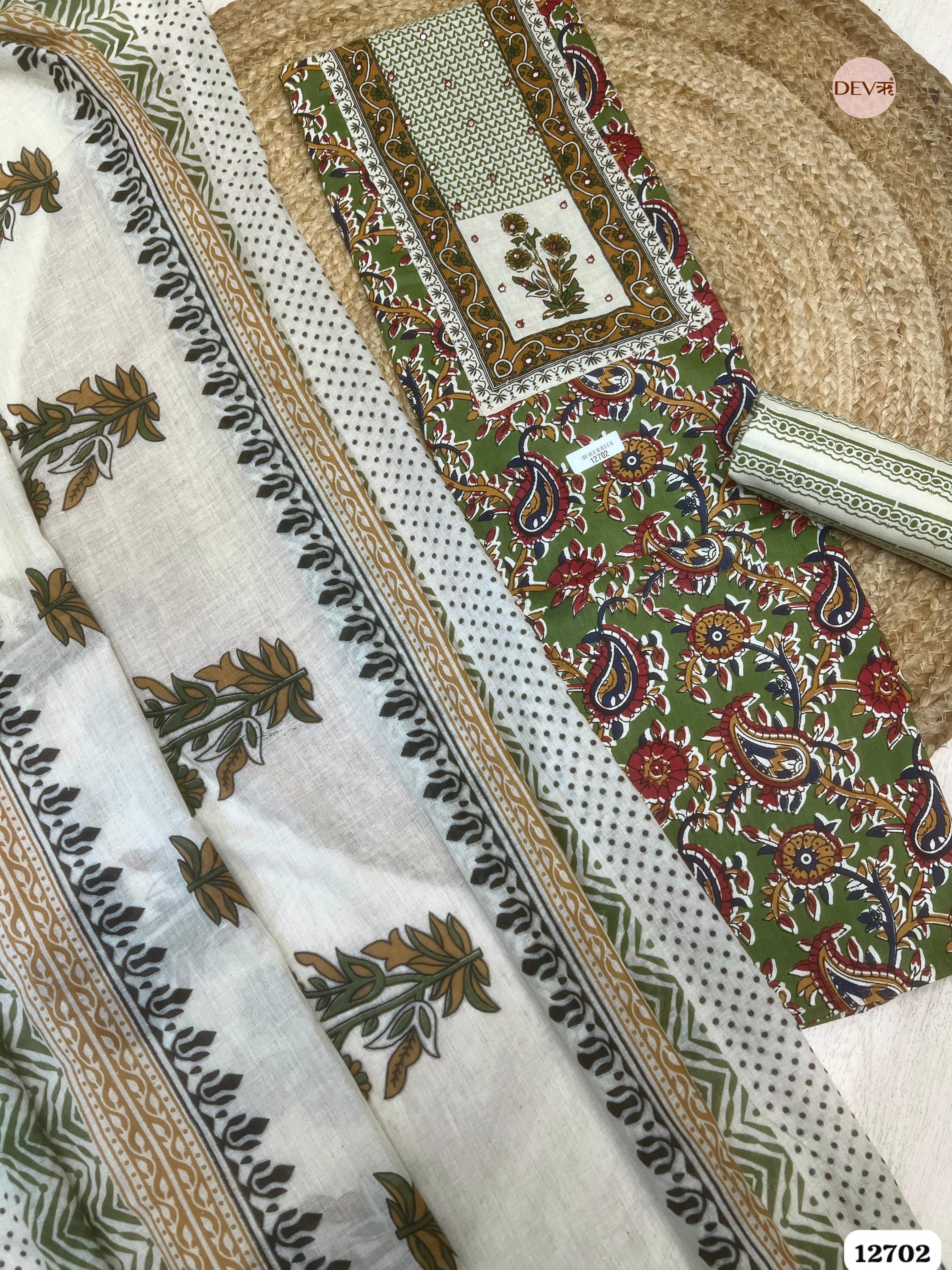 Green & White Cotton Printed Unstitched 3-Piece Suit (Devri – D.No 12702)