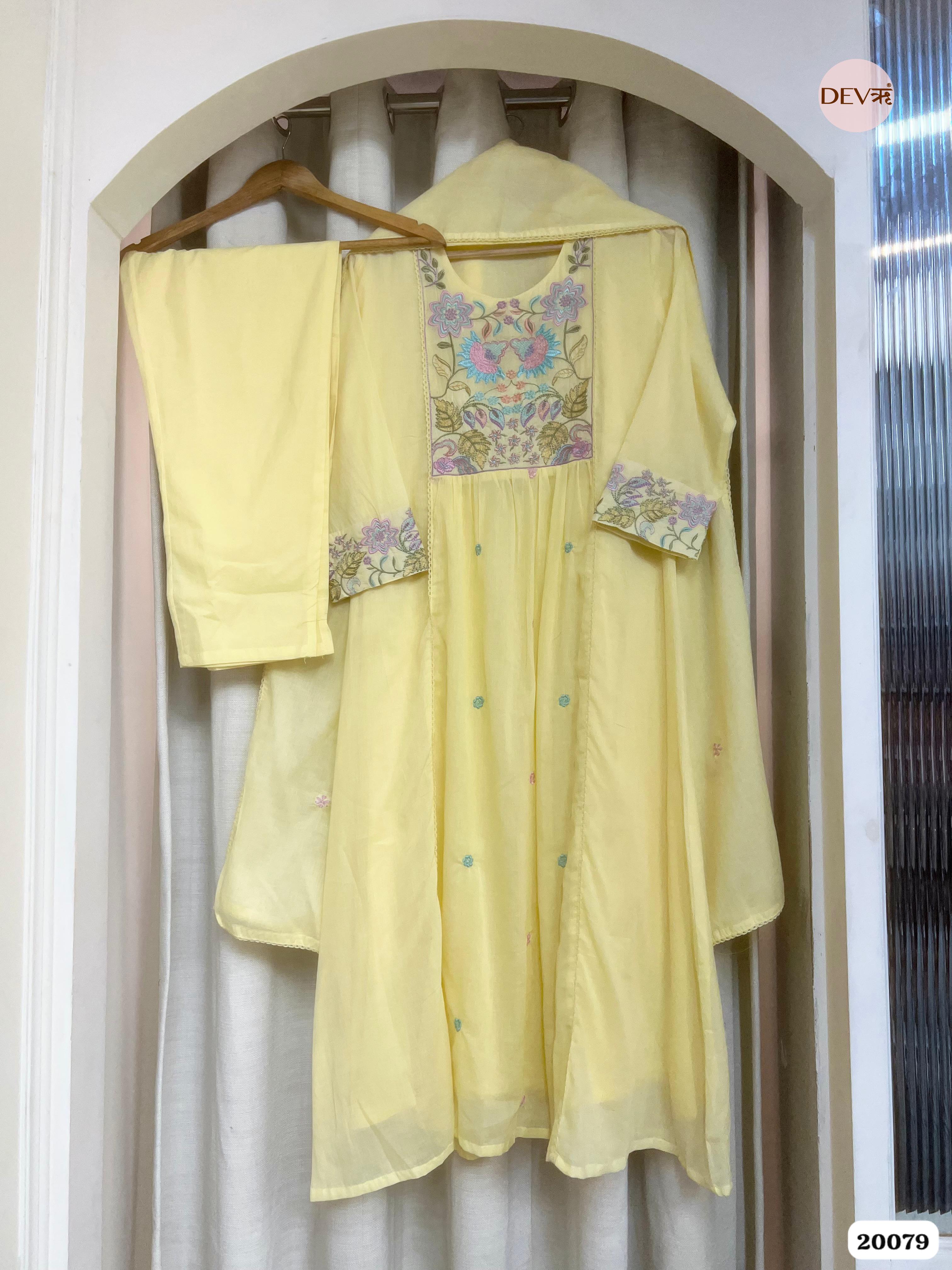 Jivika Cotton Embroidered Sun Yellow 3-Piece Set (Devri – D.No 20079)