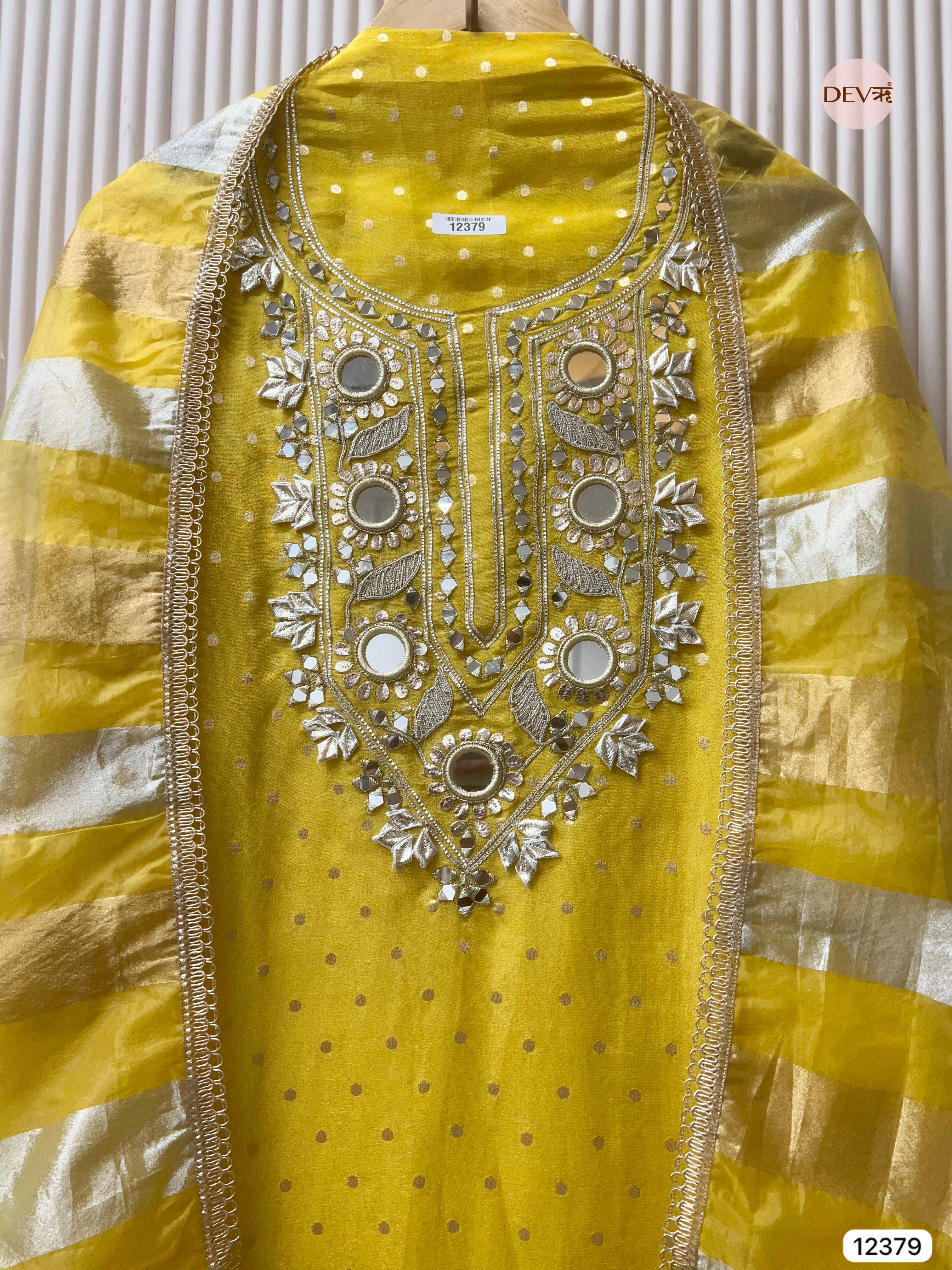 Sun Yellow Tissue Silk Embroidered Unstitched 3-Piece Suit (Devri – D.No 12379)