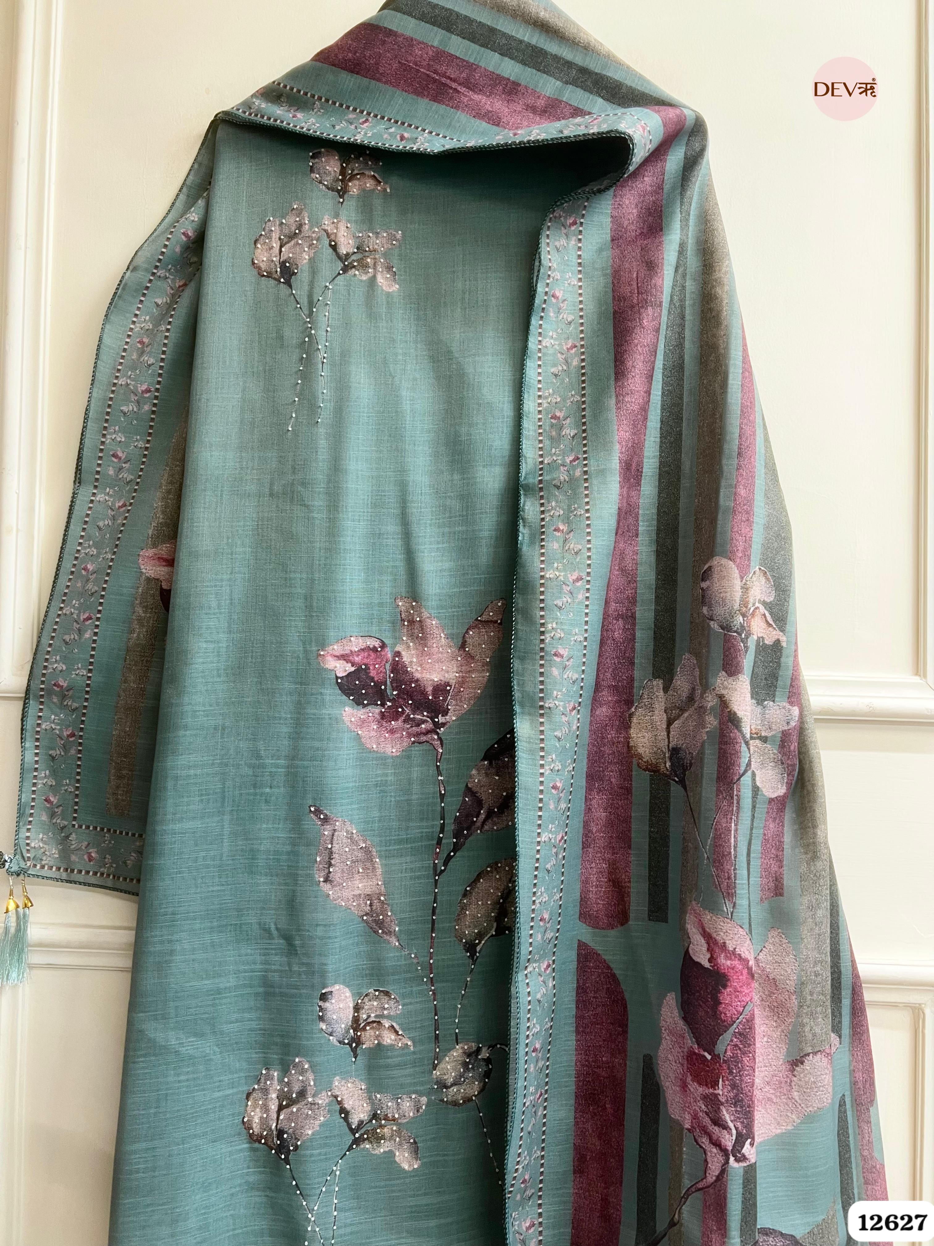 Teal Green Linen Printed Unstitched 3-Piece Suit (Devri – D.No 12627)