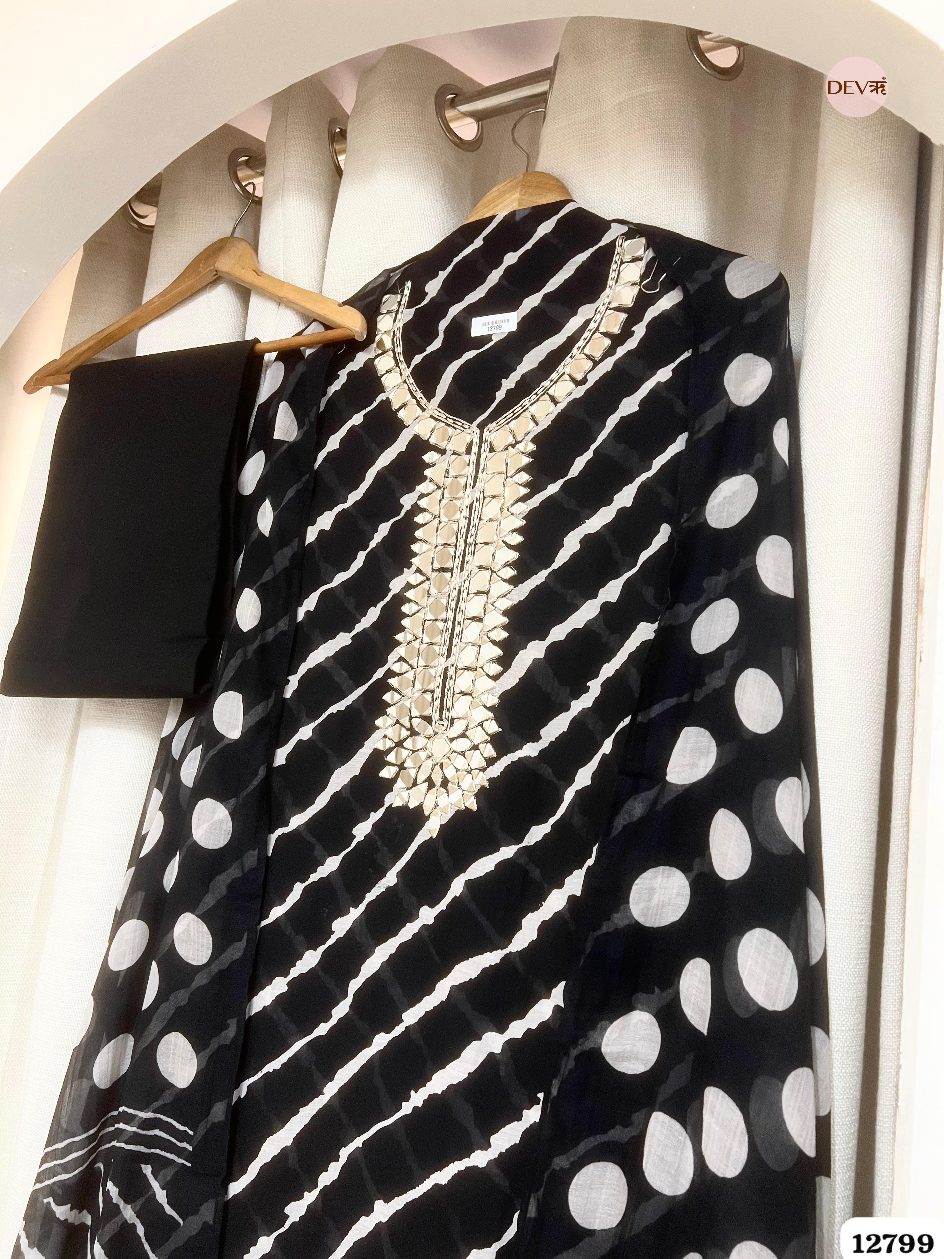 Black Mul Chanderi Printed Unstitched 3-Piece Suit (Devri – D.No 12799)