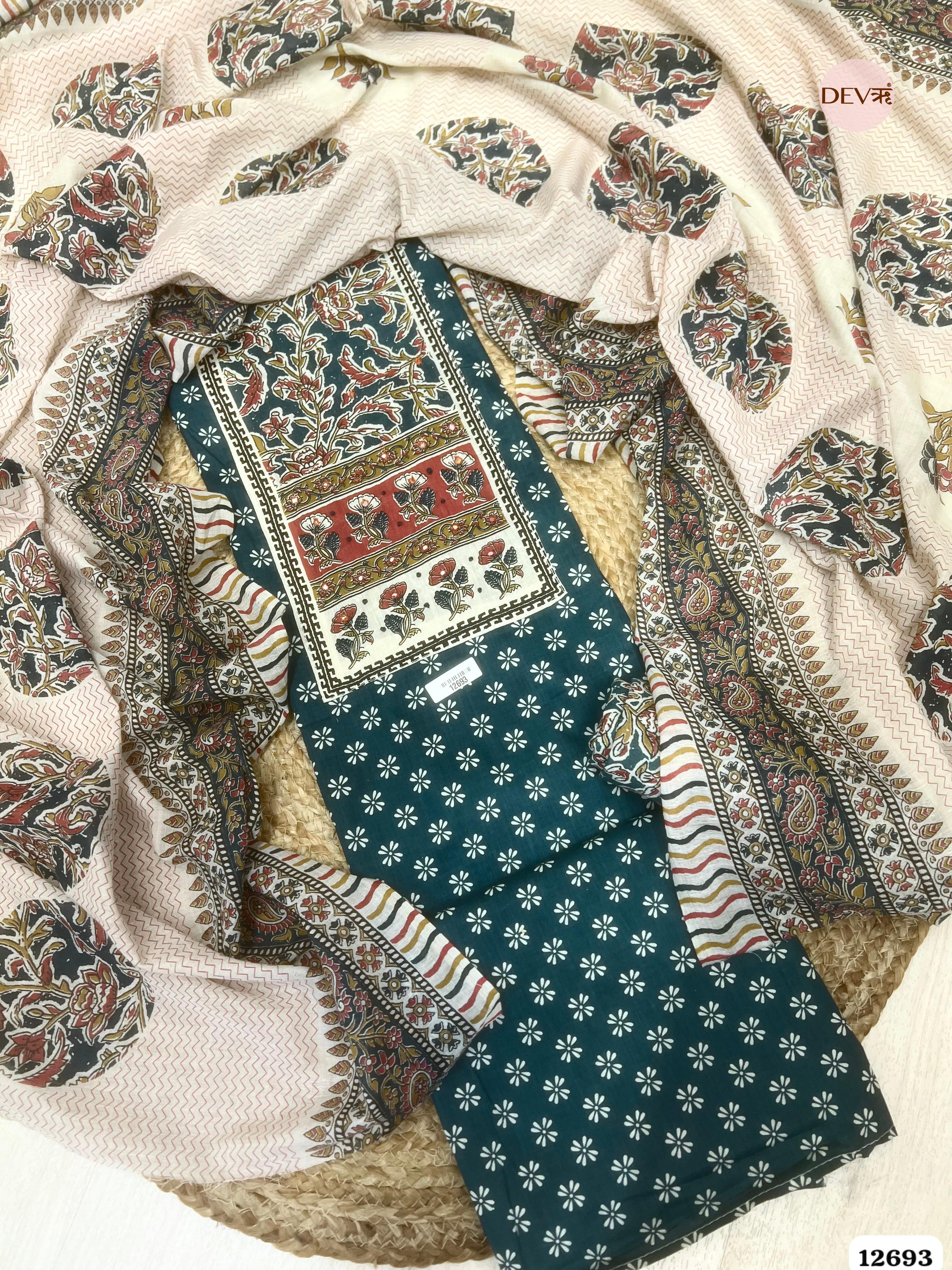 Teal Cotton Printed Unstitched 3-Piece Suit (Devri – D.No 12693)