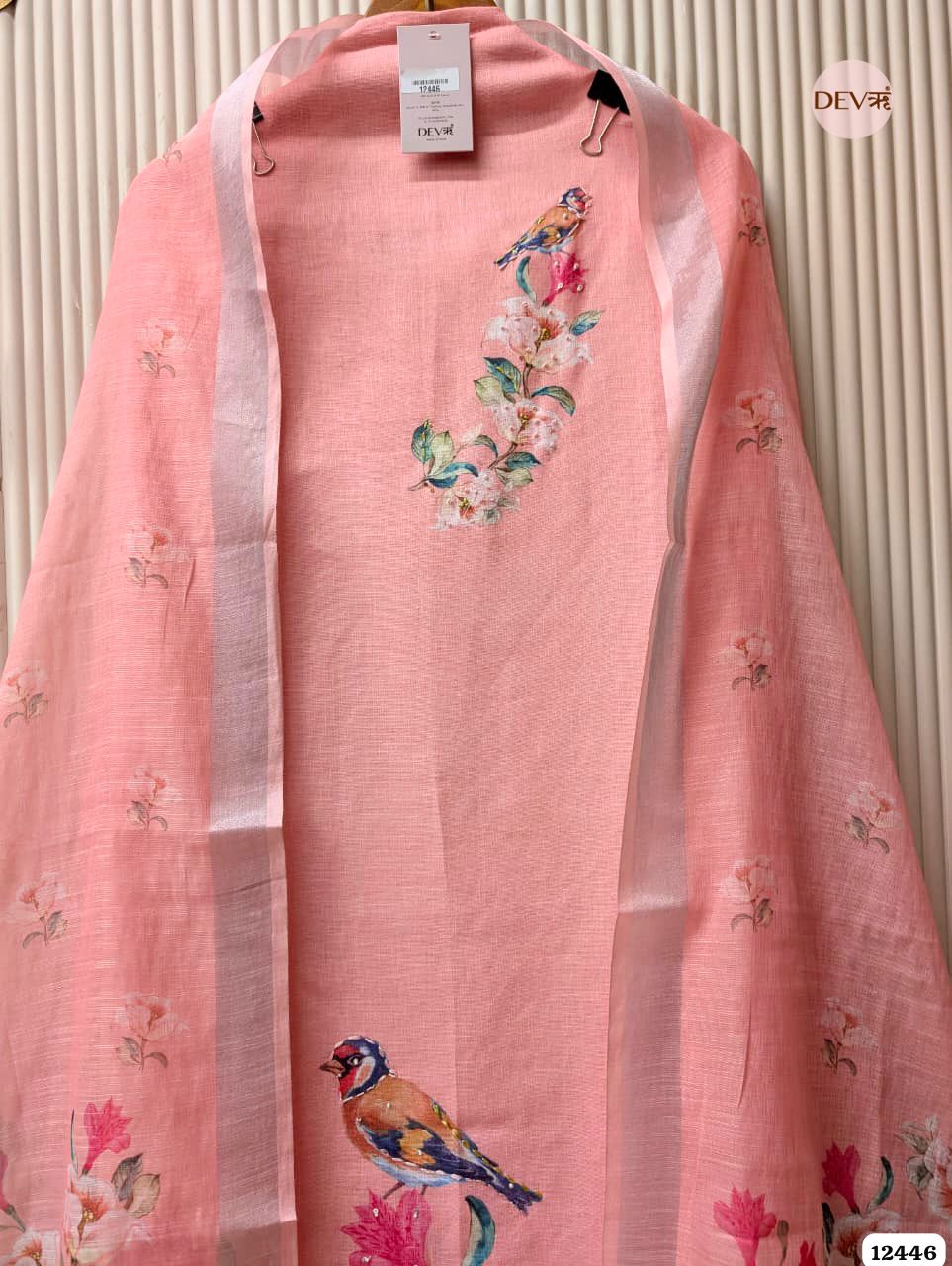 Peach Linen cotton Printed Unstitched 3-Piece Suit (Devri – D.No. 12446)