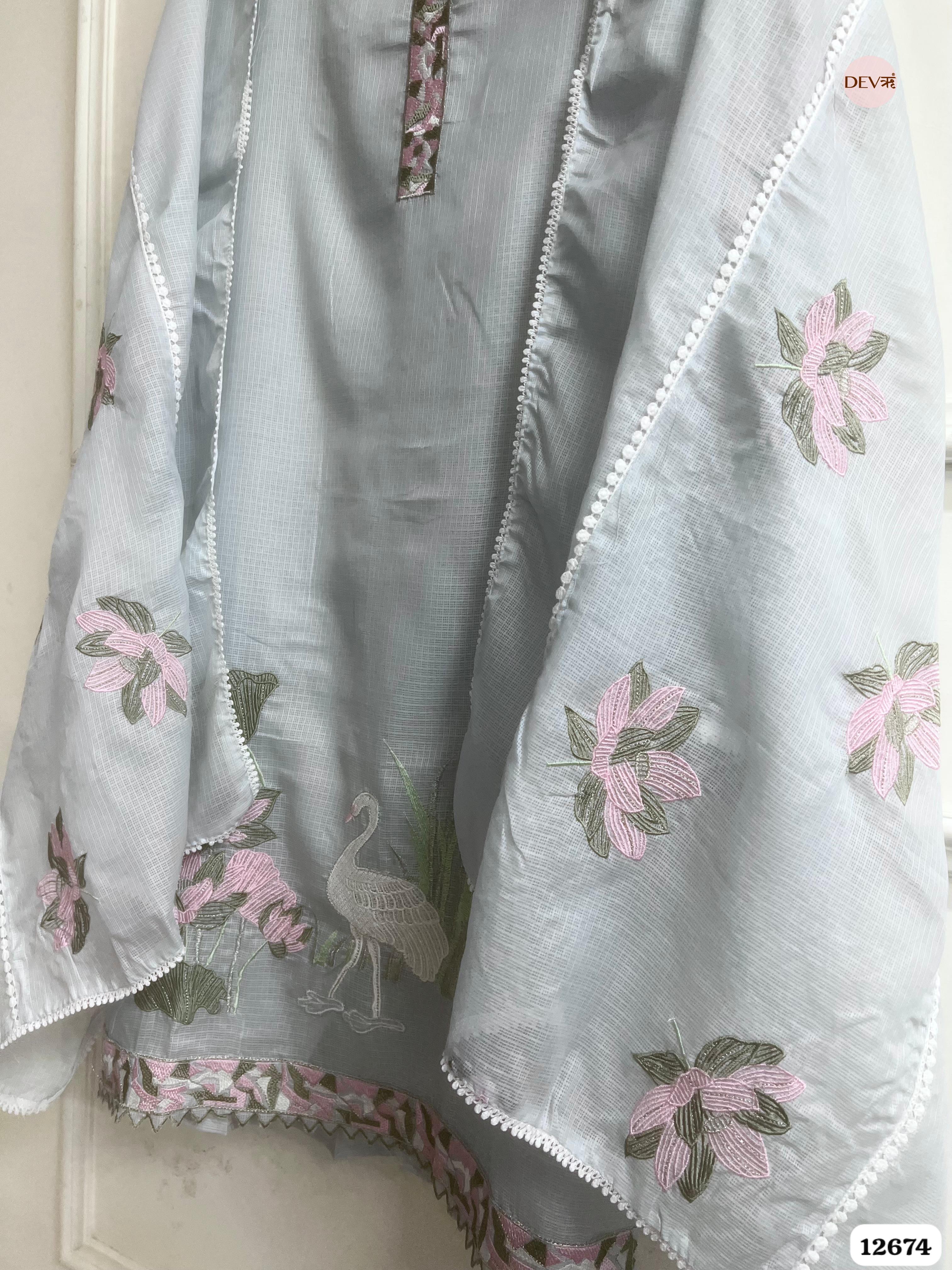 Sky Blue Kota Embroidered Unstitched 3-Piece Suit (Devri – D.No 12674)