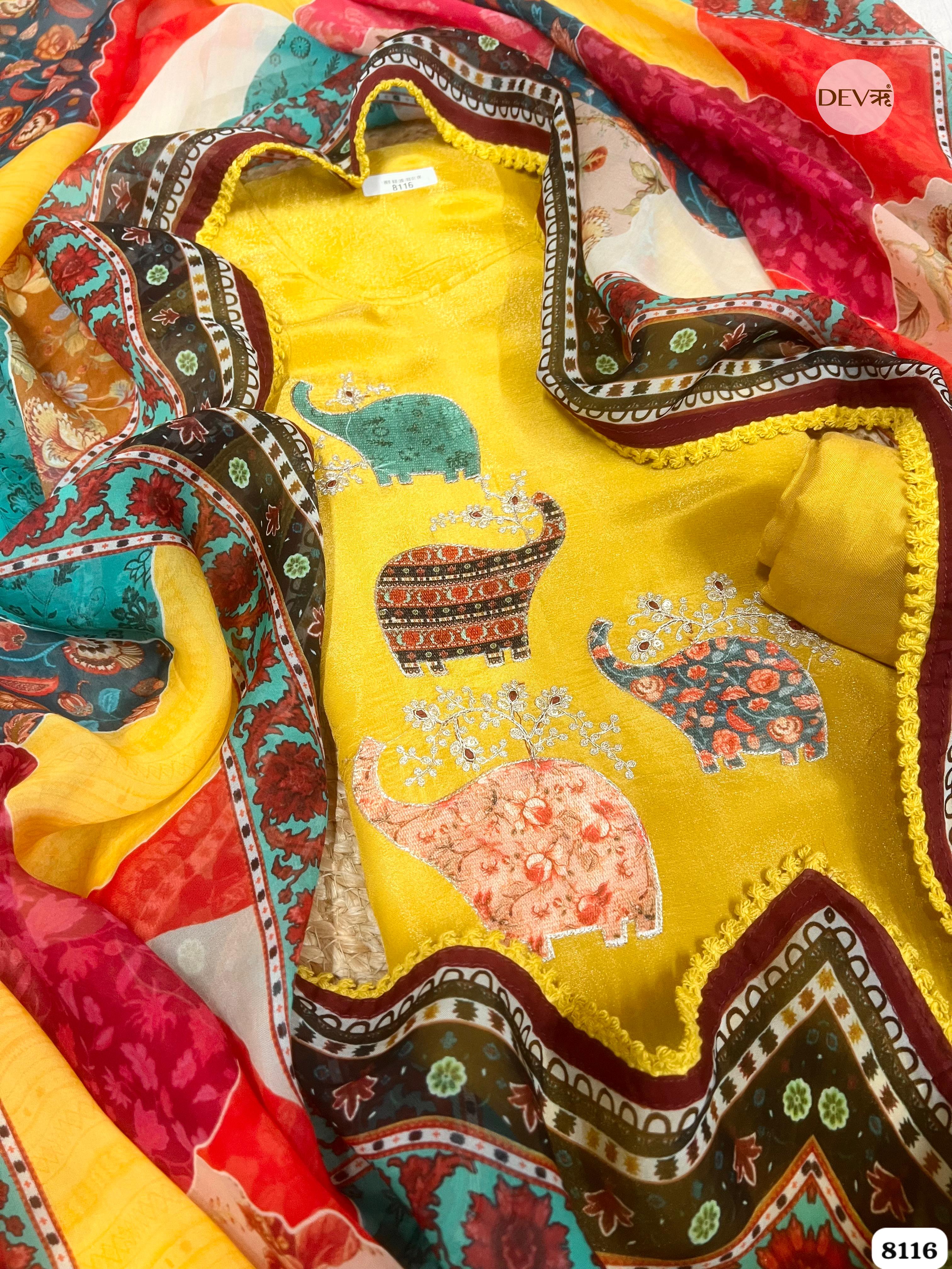 Mustard Tissue Silk Embroidered Unstitched 3-Piece Suit (Devri – D.No.8116)
