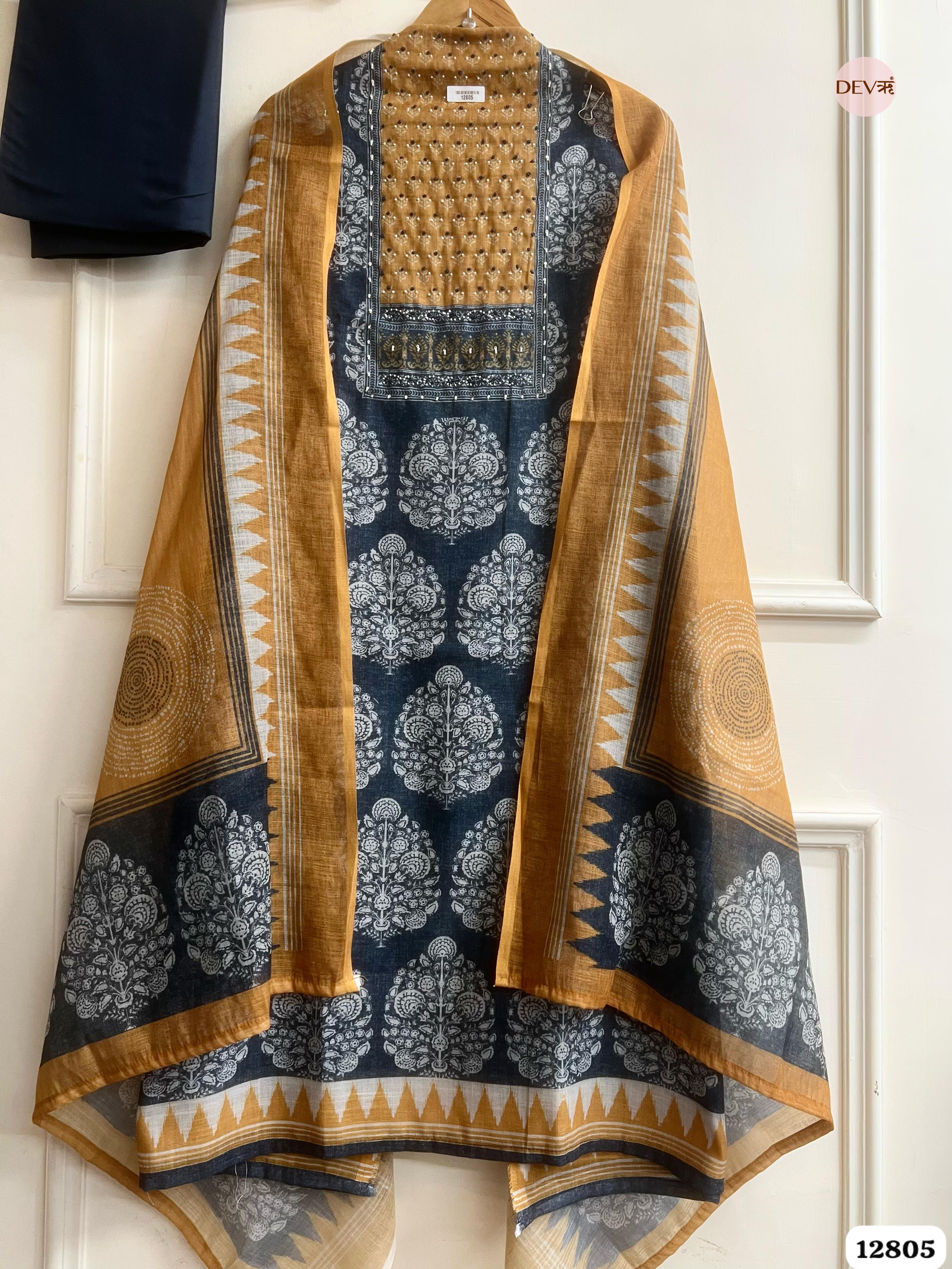 Mustard Linen Cotton Printed Unstitched 3-Piece Suit (Devri – D.No 12805)