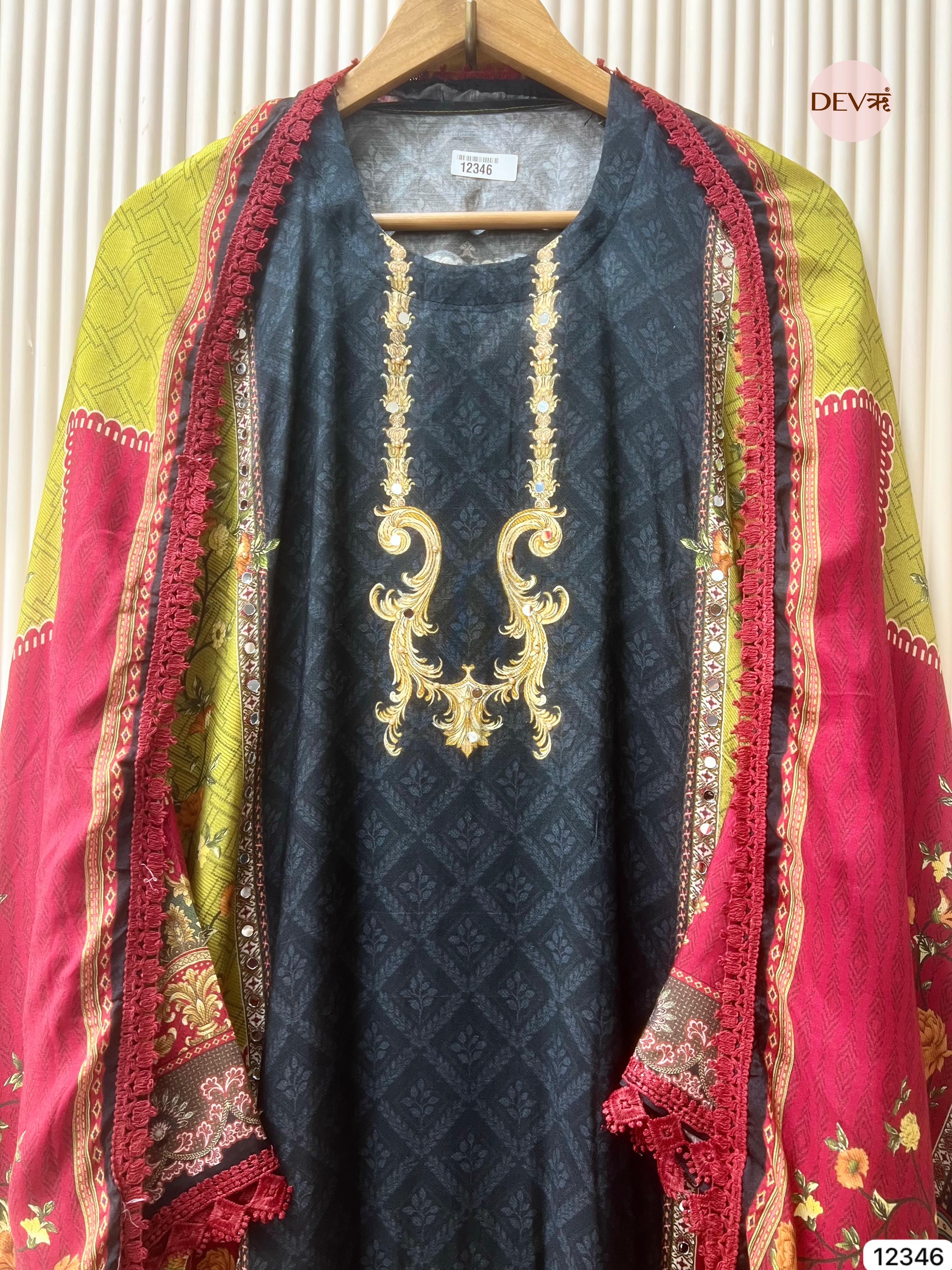 Deep Teal Muslin Printed Unstitched 3-Piece Suit (Devri – D.No 12346)