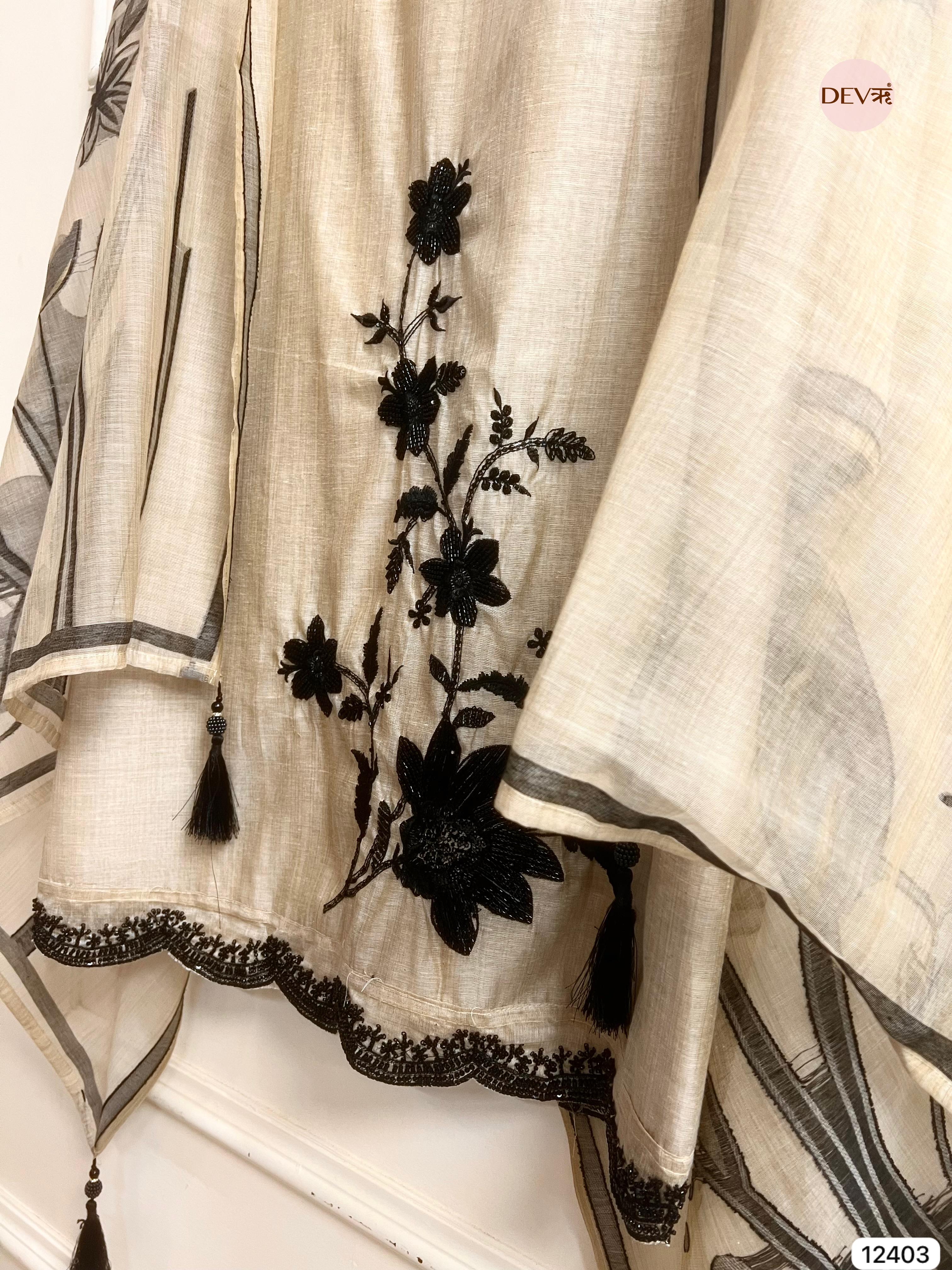 Beige Mul Chanderi Embroidered Unstitched 3-Piece Suit (Devri – D.No 12403)