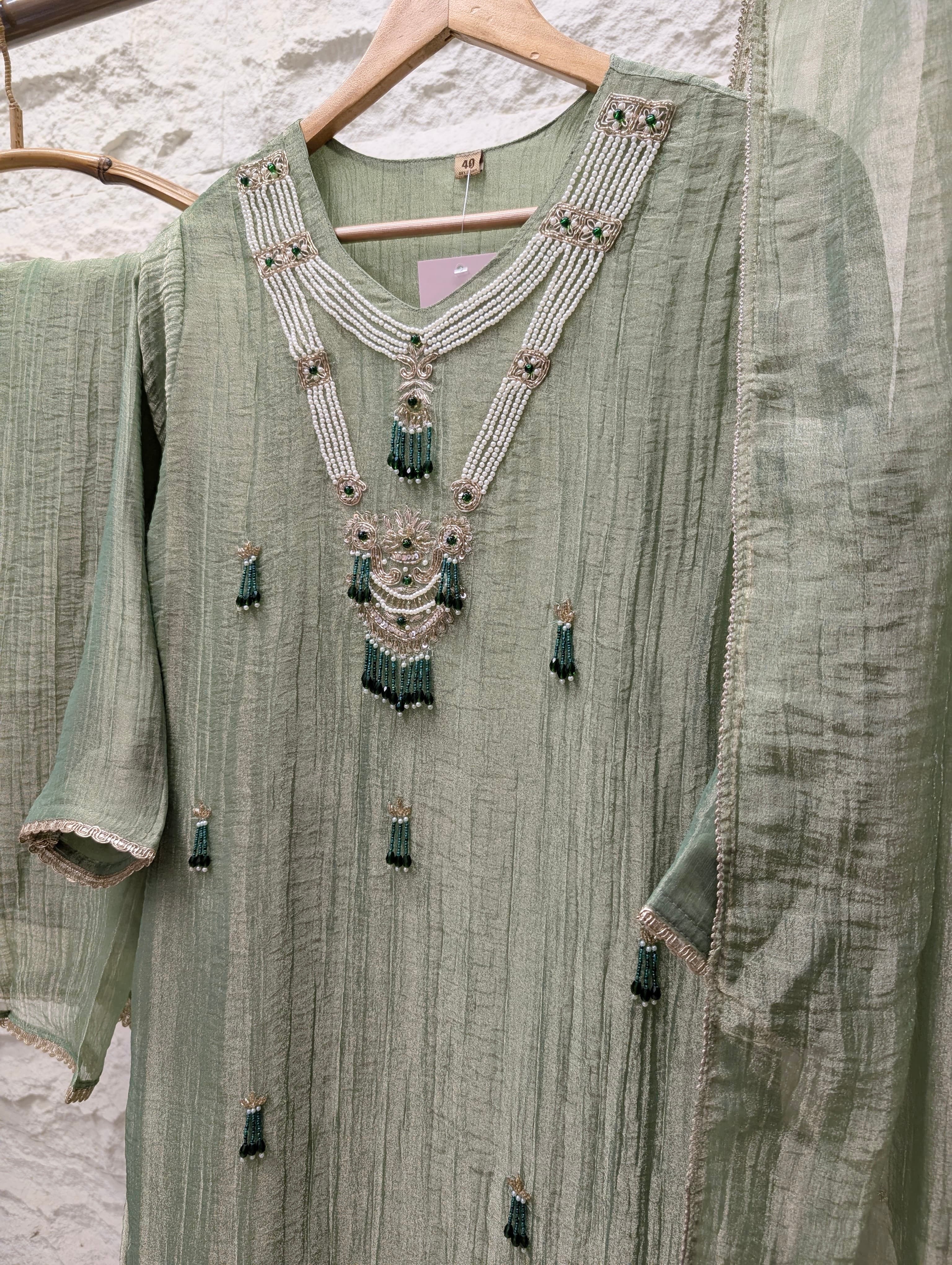 Gulnaar Tissue crush silk Embroidered Sage Green 3-Piece Set (Devri – D.No 13714)