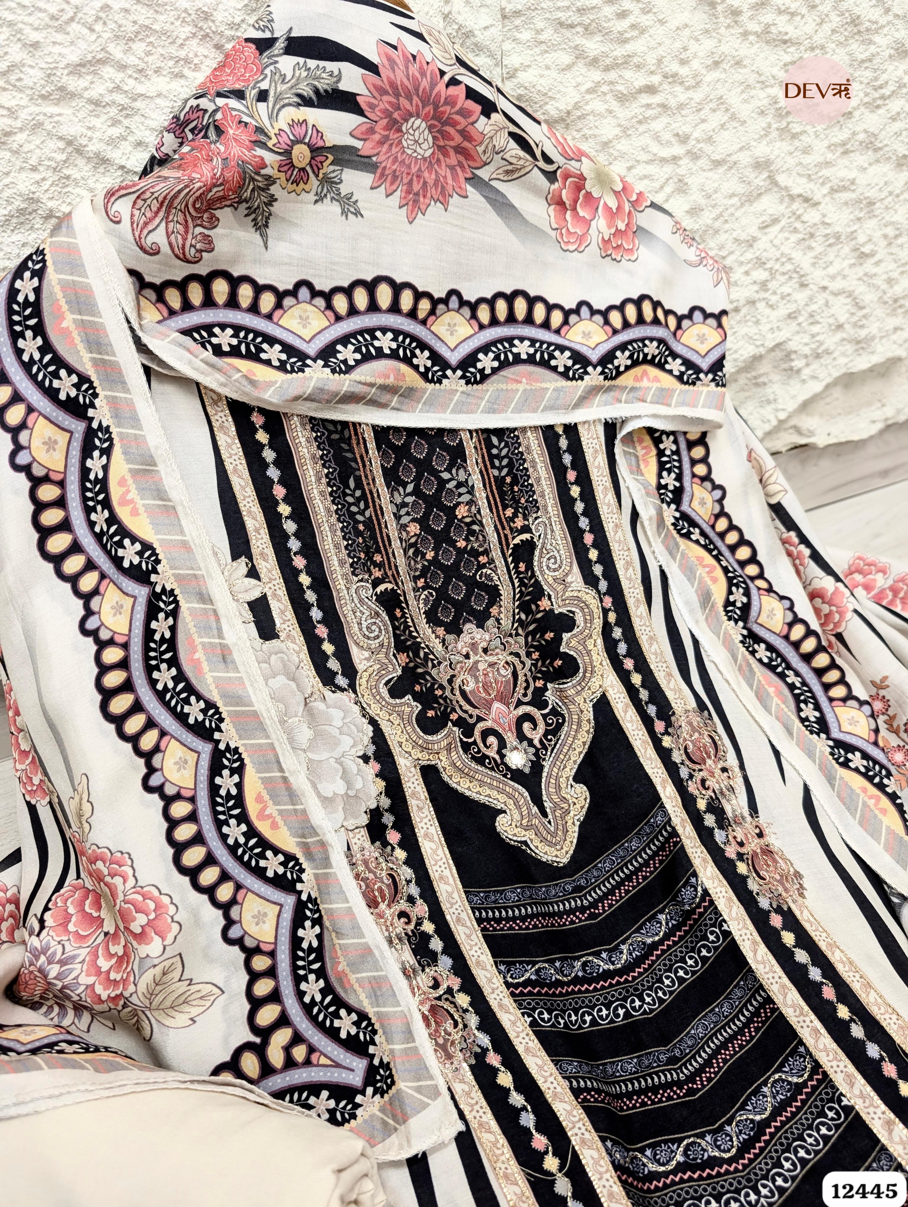 Ivory & Black Muslin Printed Unstitched 3-Piece Suit (Devri – D.No 12445)