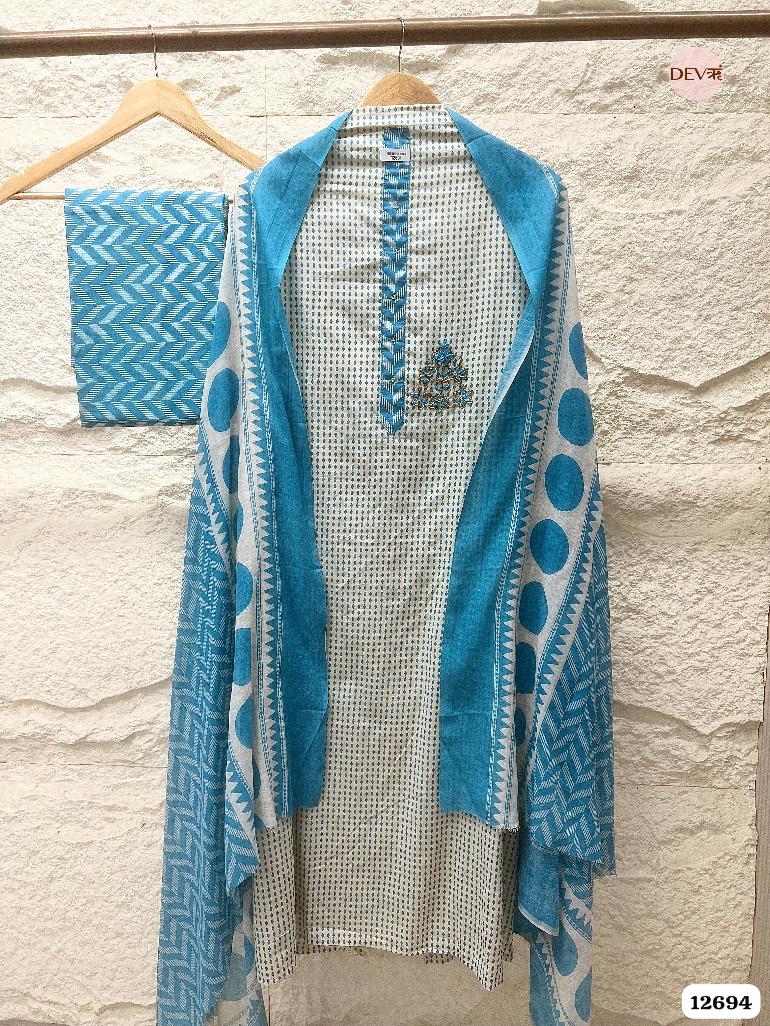 Sky Blue Cotton Printed Unstitched 3-Piece Suit (Devri – D.No 12694)