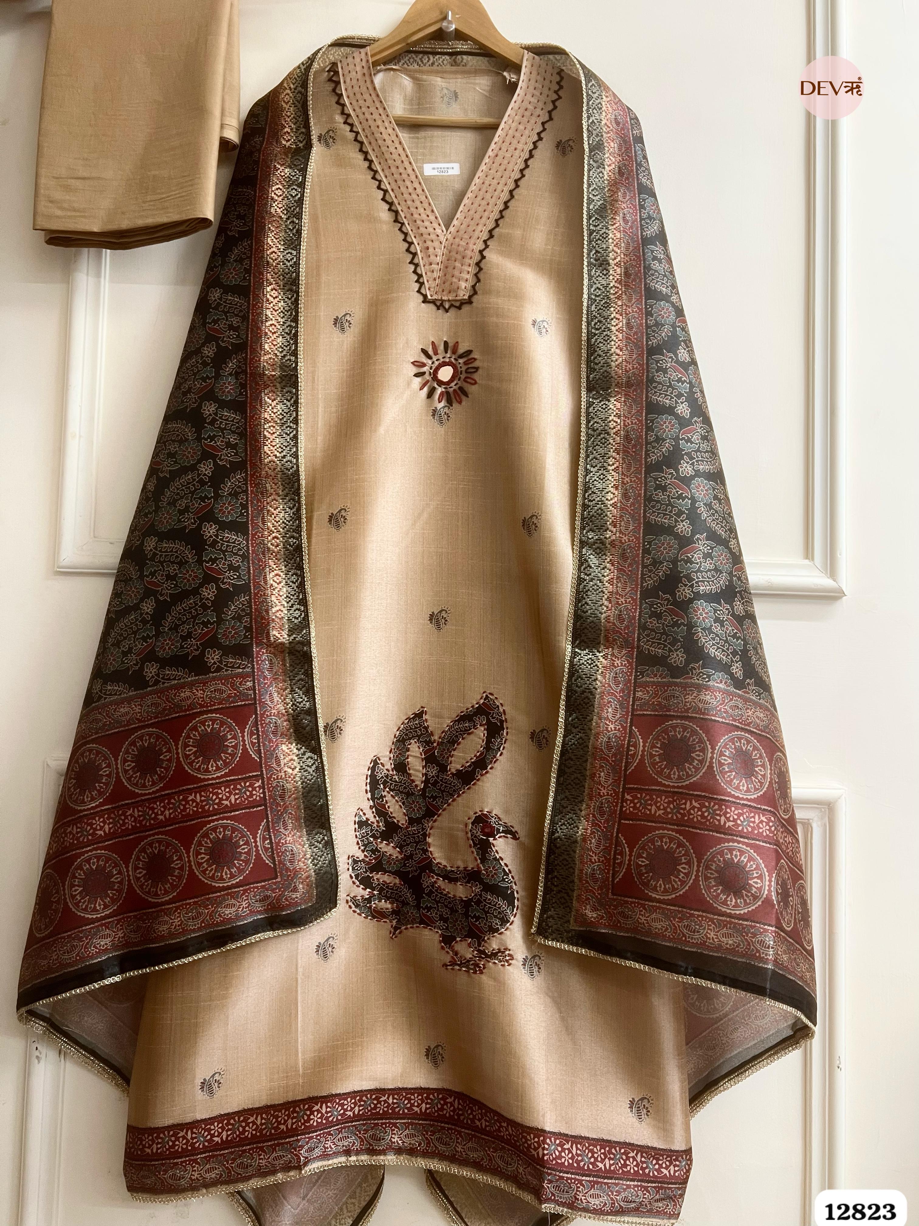 Beige Chanderi Silk Printed Unstitched 3-Piece Suit (Devri – D.No 12823)