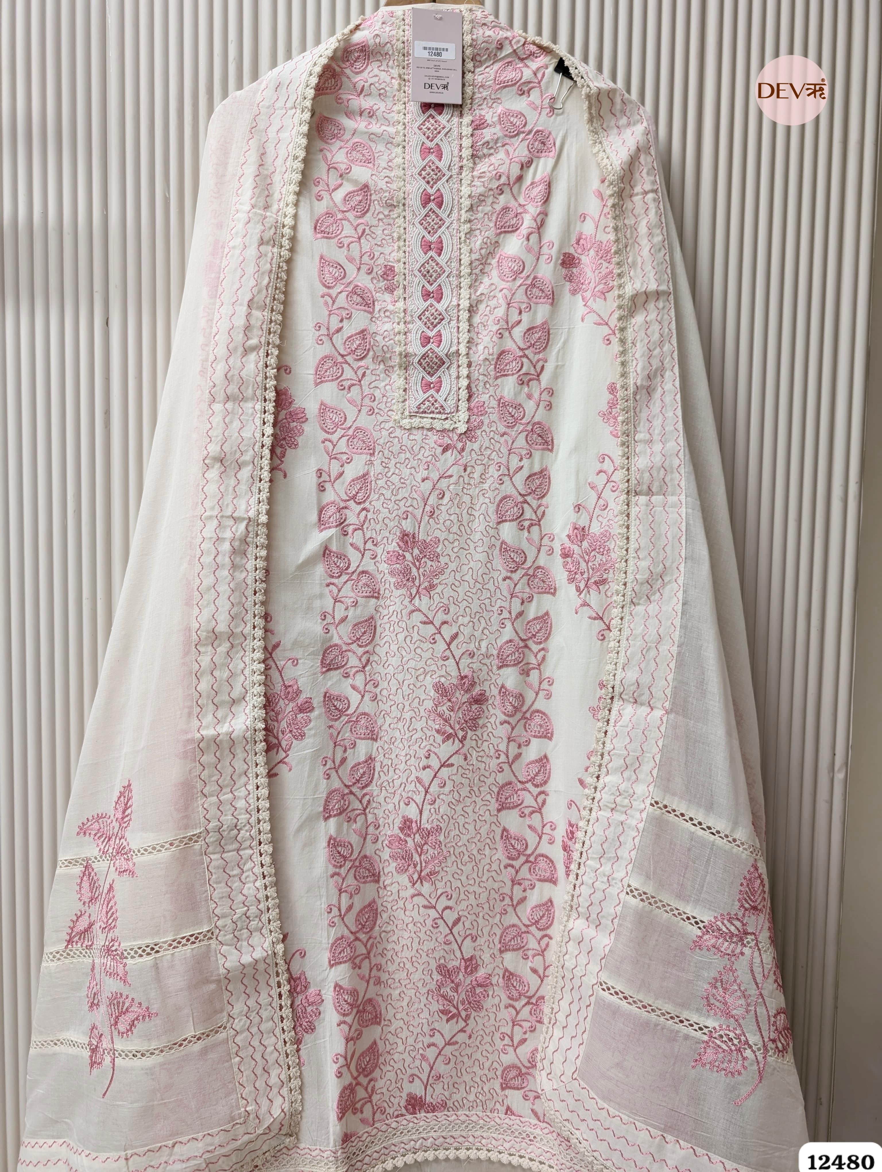 Pink & White Pure Cotton Embroidered Unstitched 3-Piece Suit (Devri – D.No 12480)