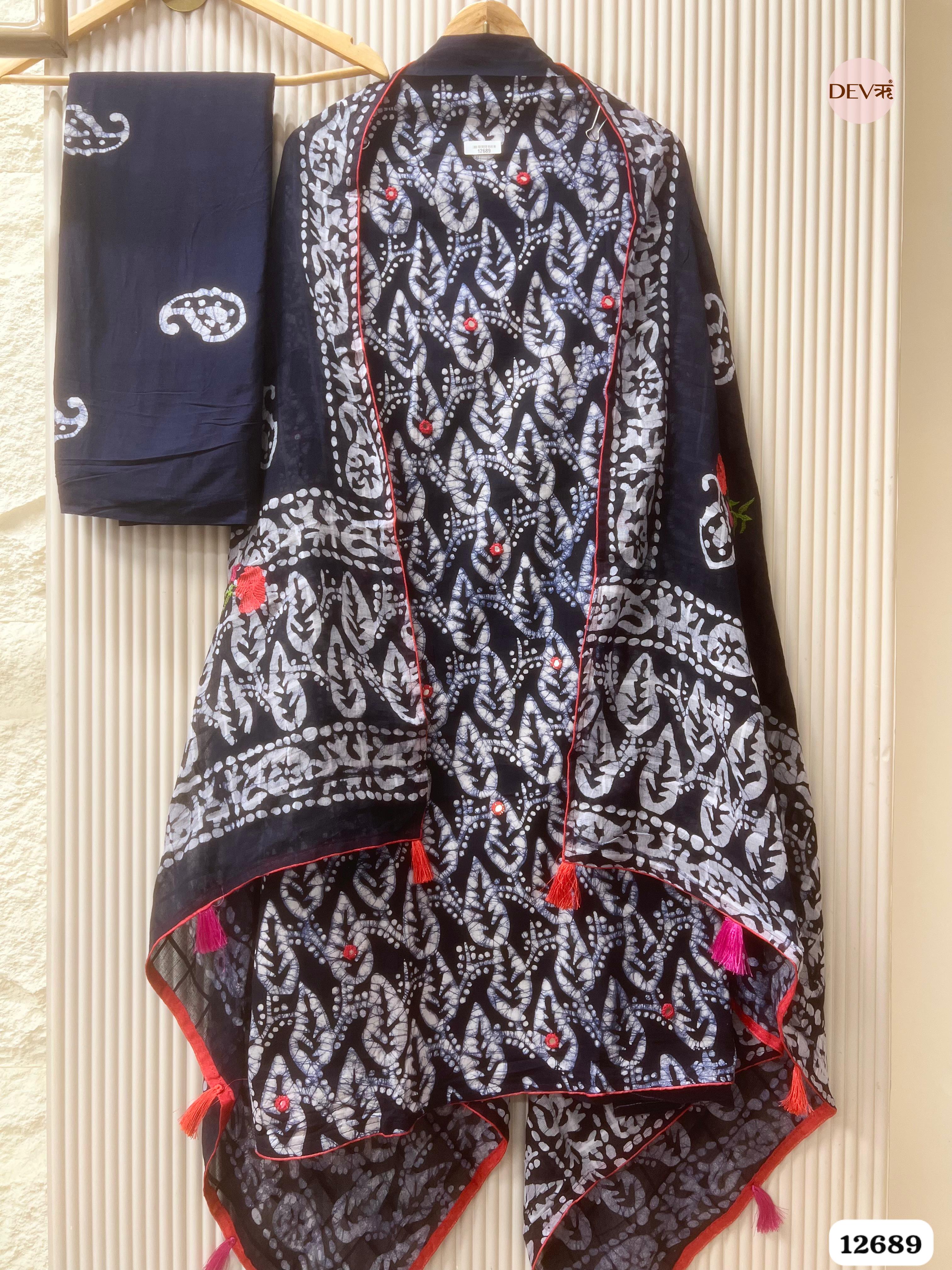 Navy Blue Cotton Batik Printed Unstitched 3-Piece Suit (Devri – D.No 12689)