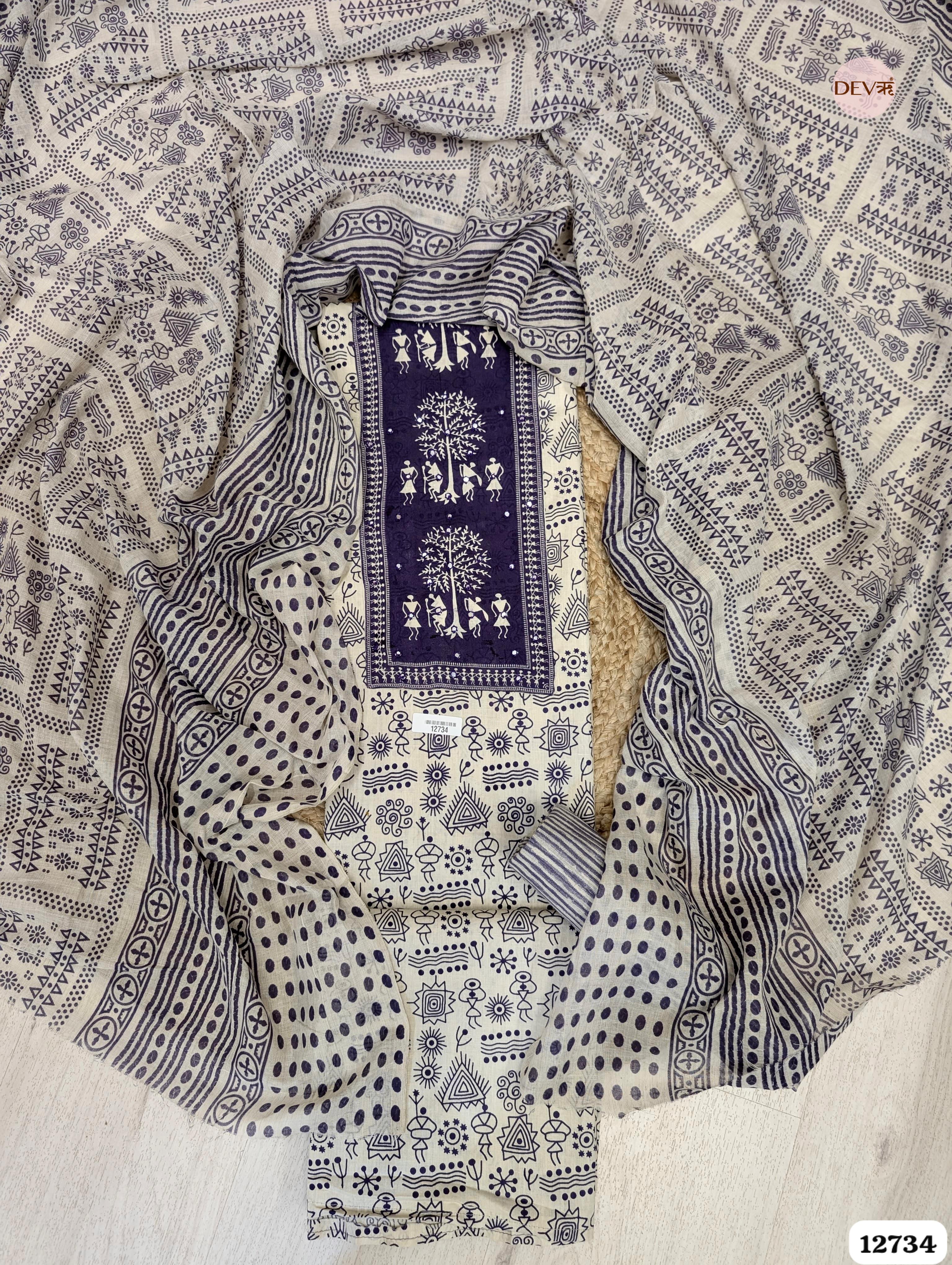 Navy and Ivory Cotton Printed Unstitched 3-Piece Suit (Devri – D.No 12734)