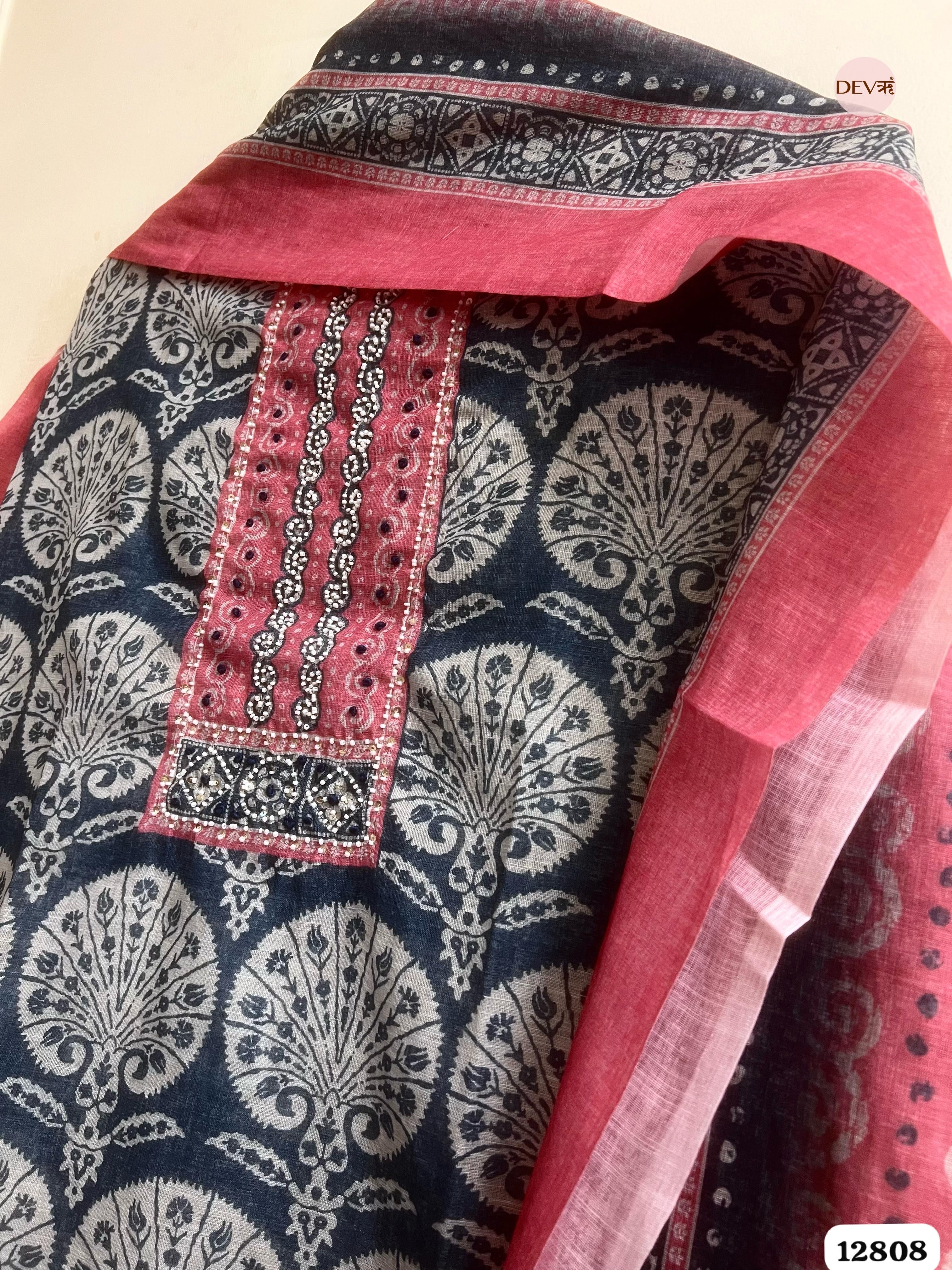 Grey Linen Cotton Printed Unstitched 3-Piece Suit (Devri – D.No 12808)