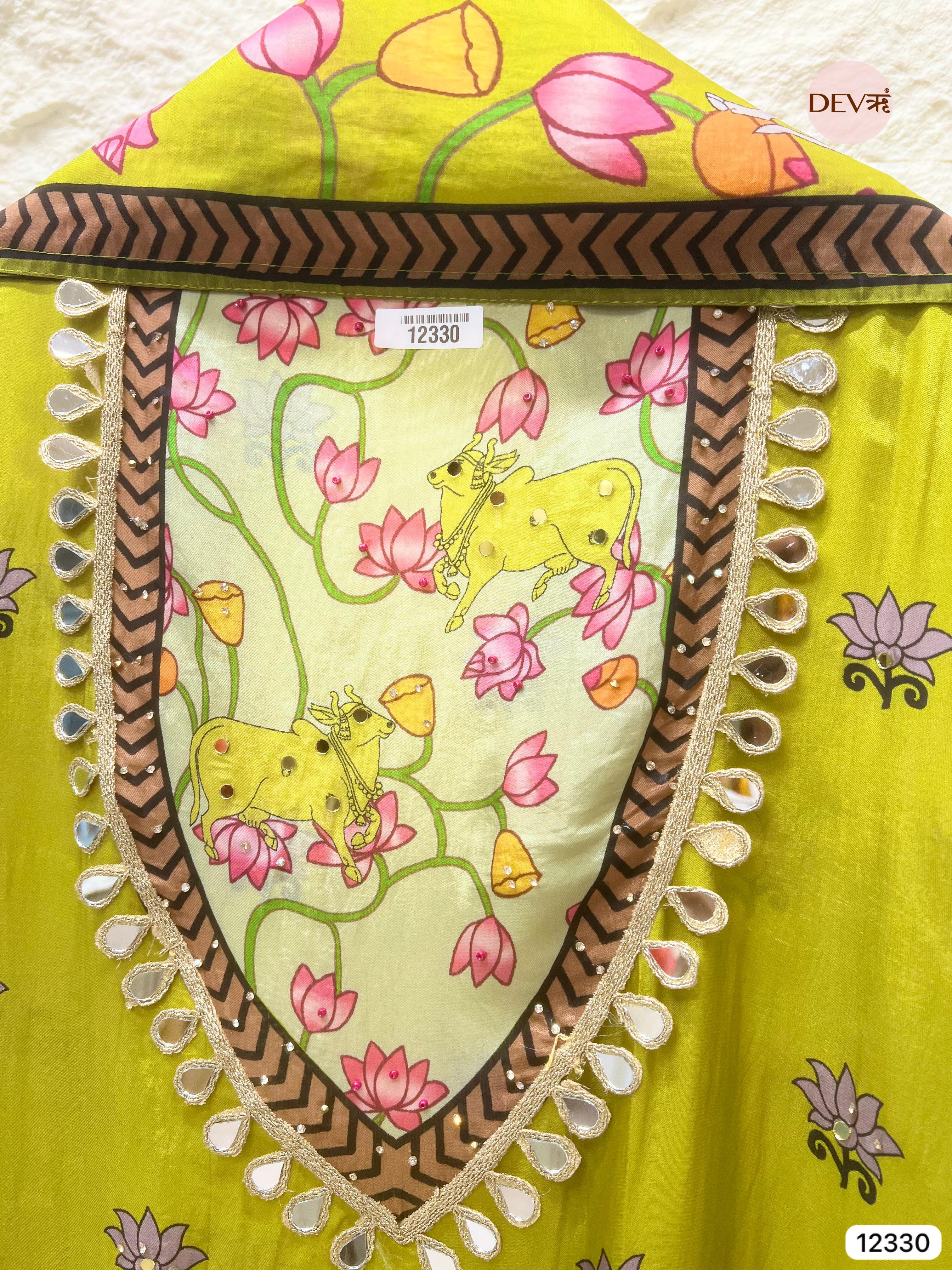 Lime Green Organza Silk Printed Unstitched 3-Piece Suit (Devri – D.No 12330)