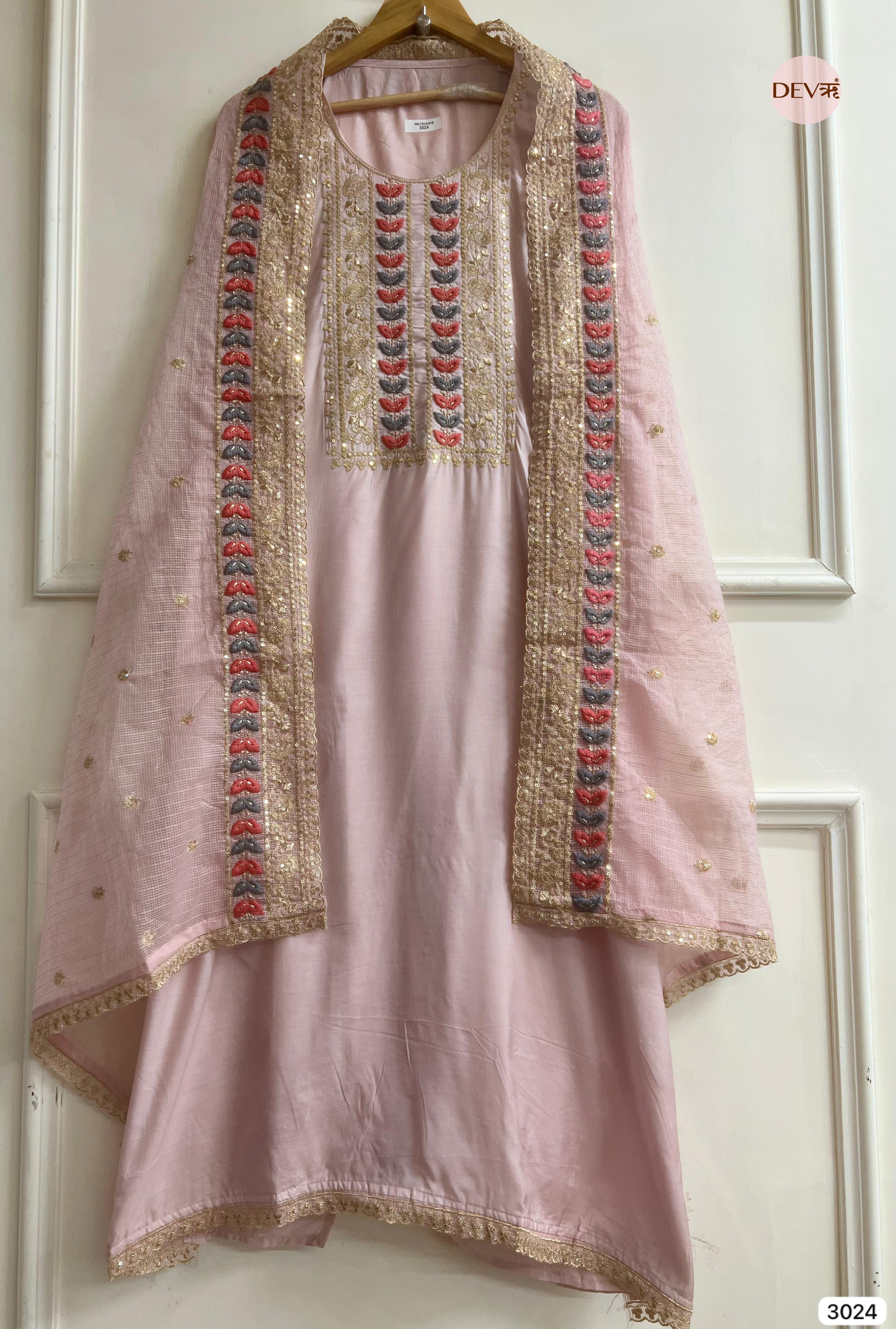 Baby Pink Muslin Embroidered Unstitched 3-Piece Suit (Devri – D.No 3024)