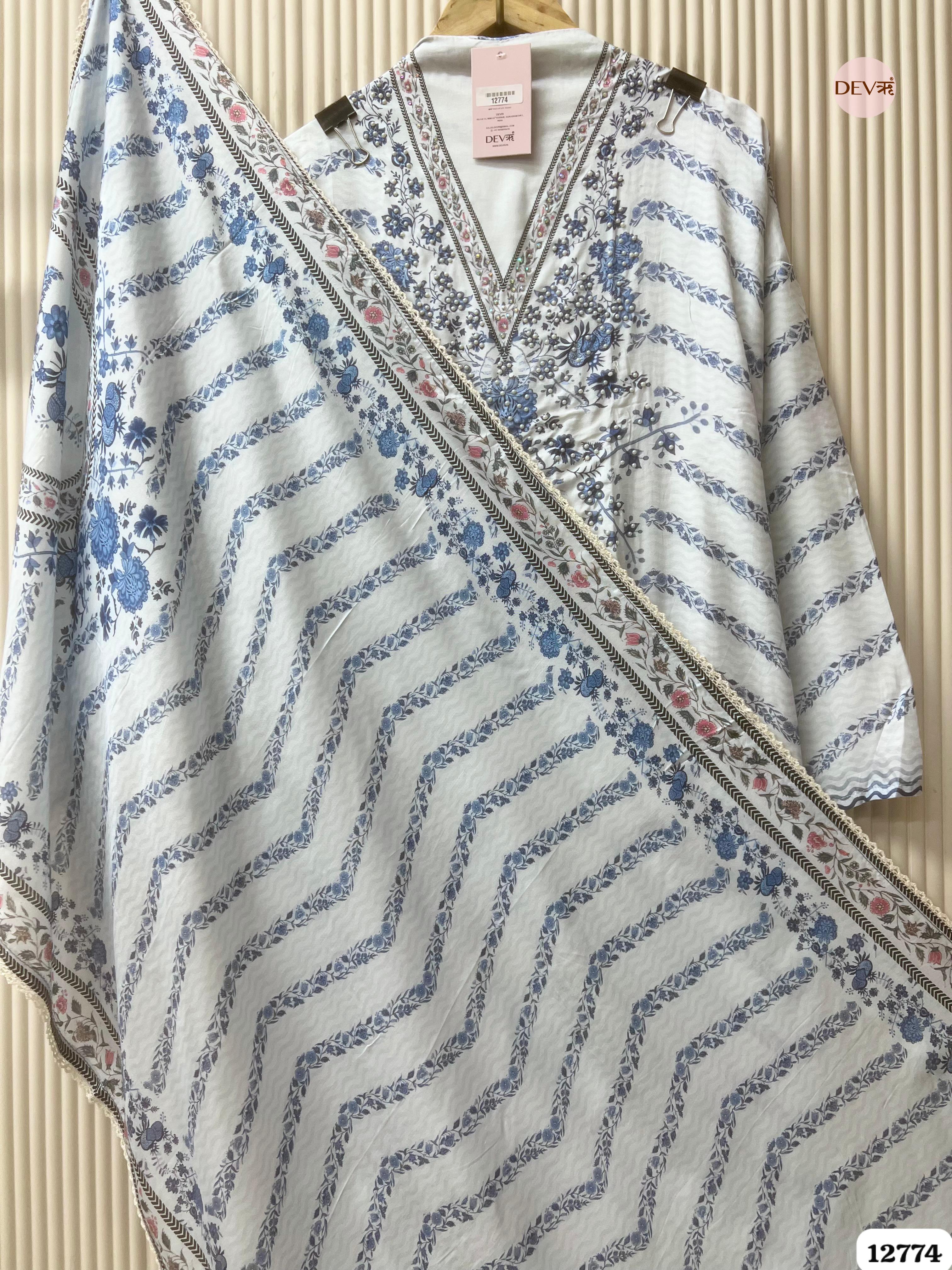 White and Blue Muslin Printed Unstitched 3-Piece Suit (Devri – D.No 12774)