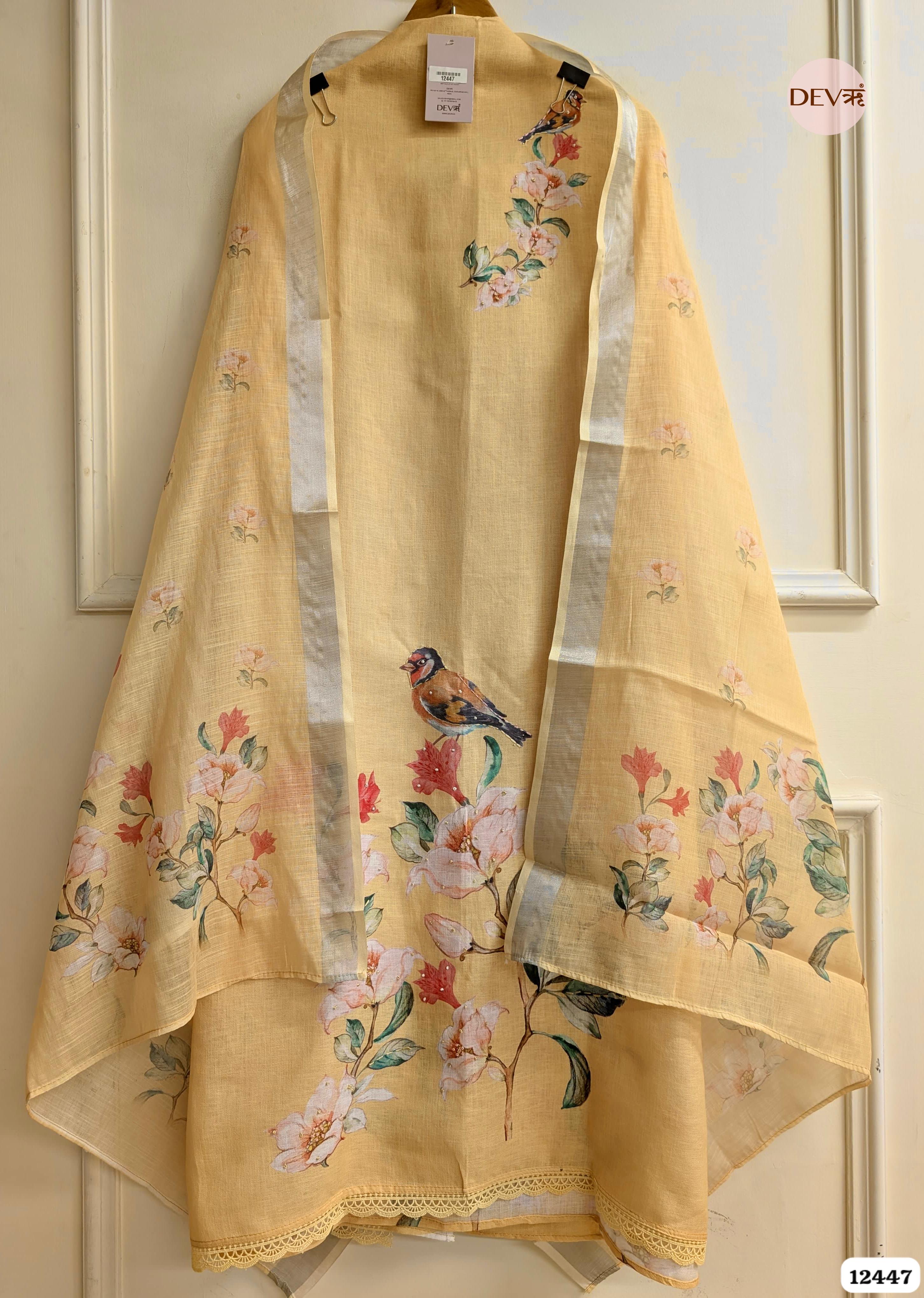 Yellow Linen Cotton Printed Unstitched 3-Piece Suit (Devri – D.No 12447)