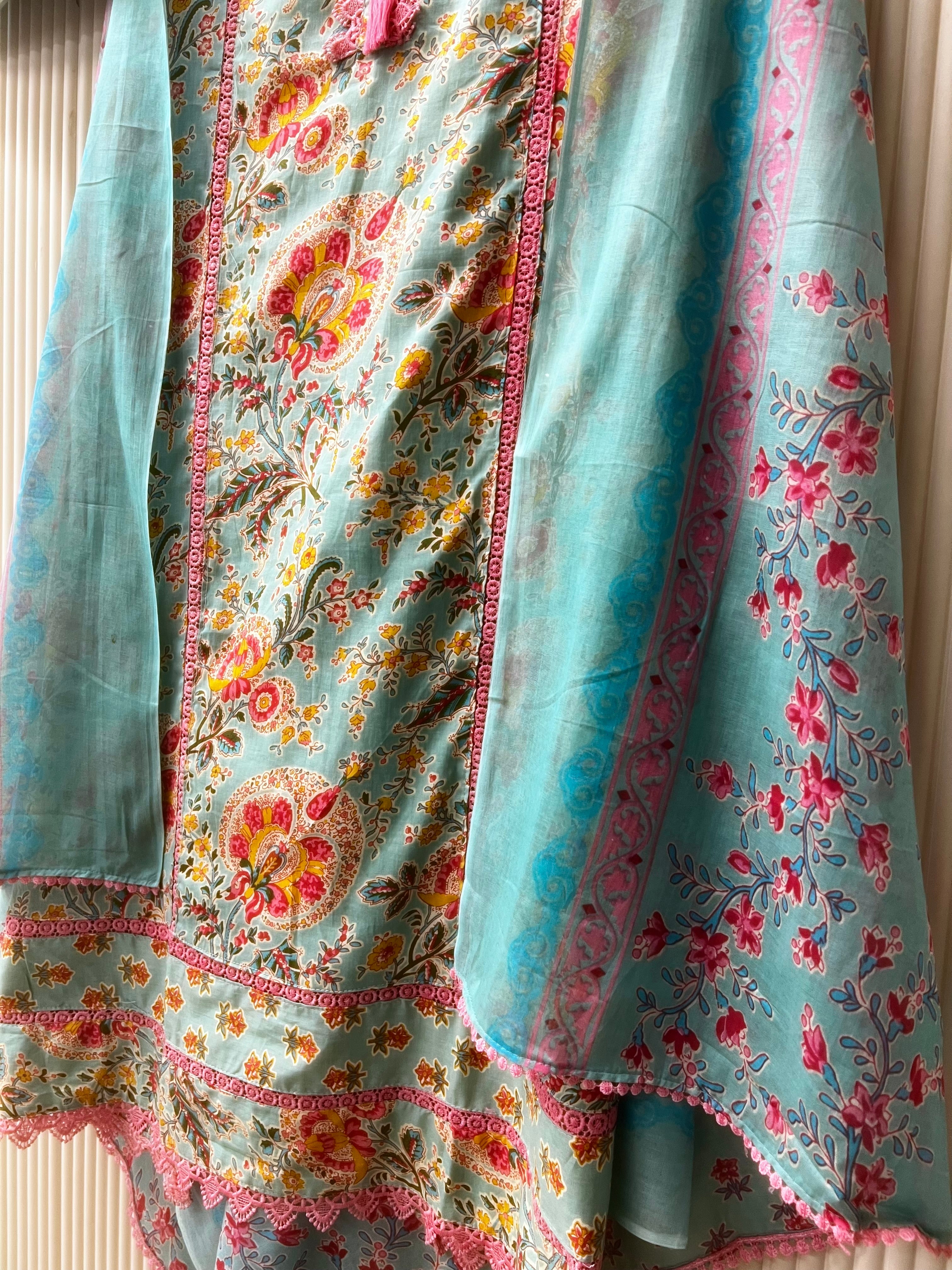 Aqua Blue Pure Cotton Floral Printed Unstitched 3-Piece Suit (Devri – D.No 12552)