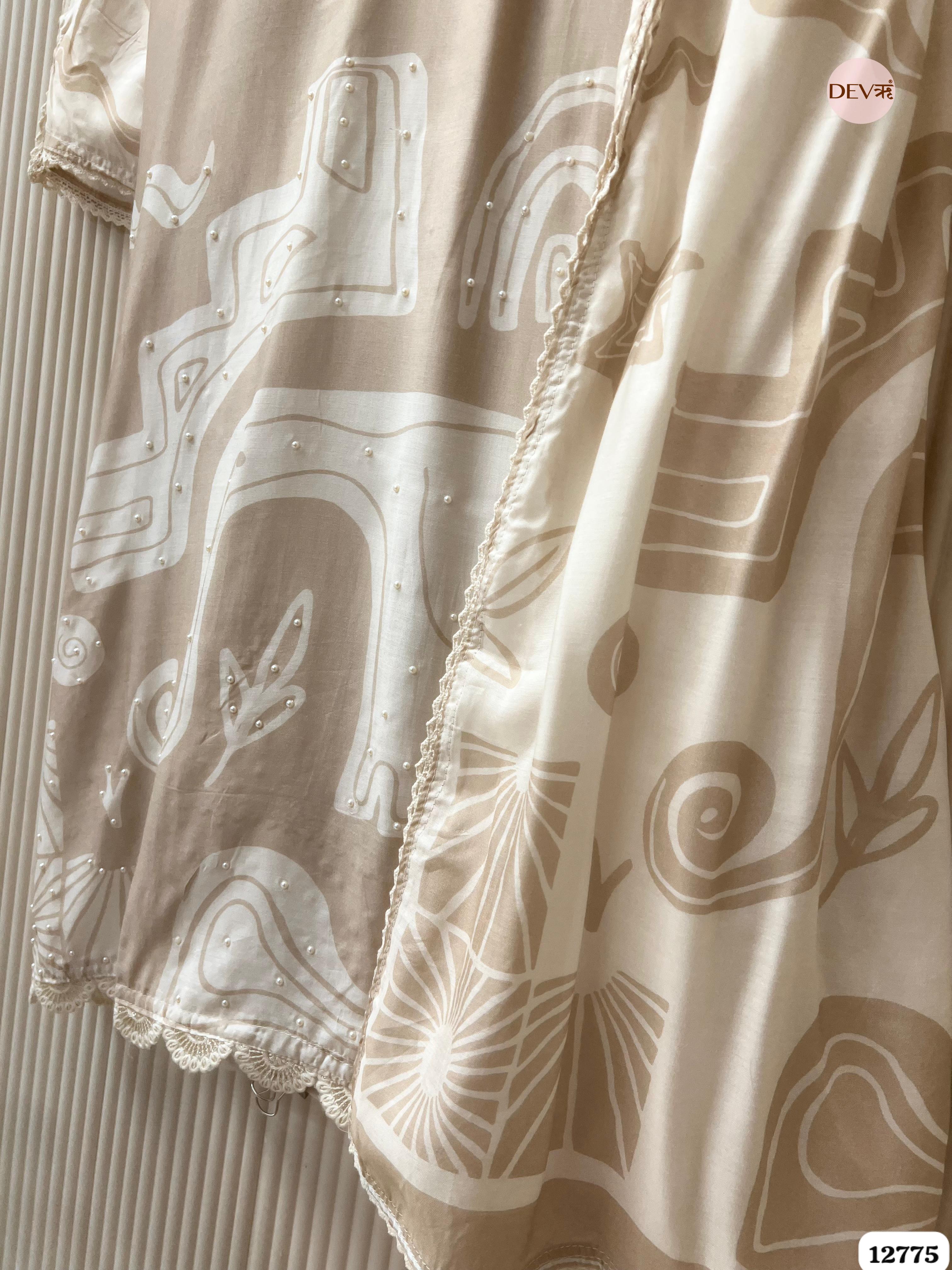 Beige Muslin Printed Unstitched 3-Piece Suit (Devri – D.No 12775)