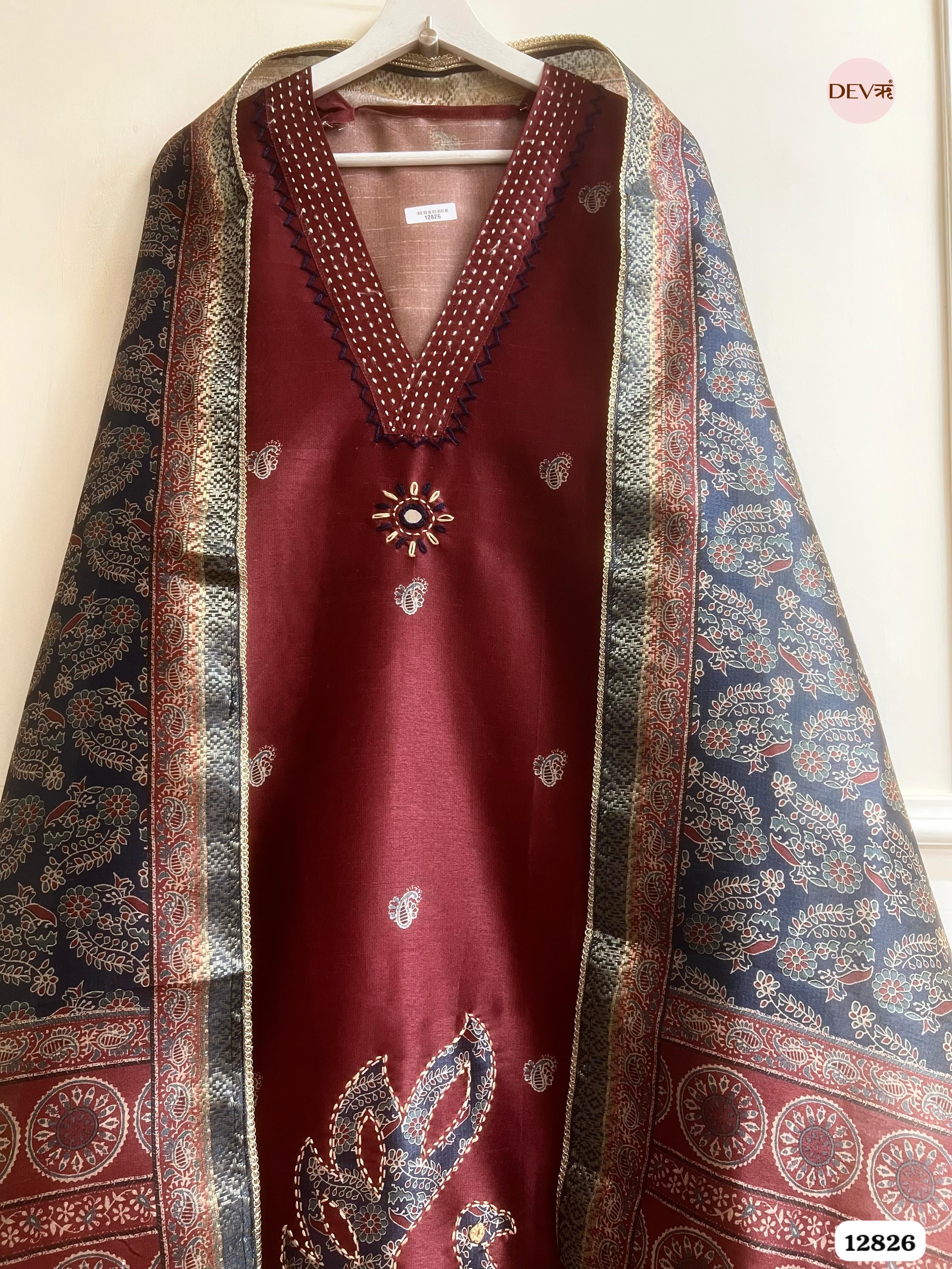 Maroon Chanderi Silk Printed Unstitched 3-Piece Suit (Devri – D.No 12826)
