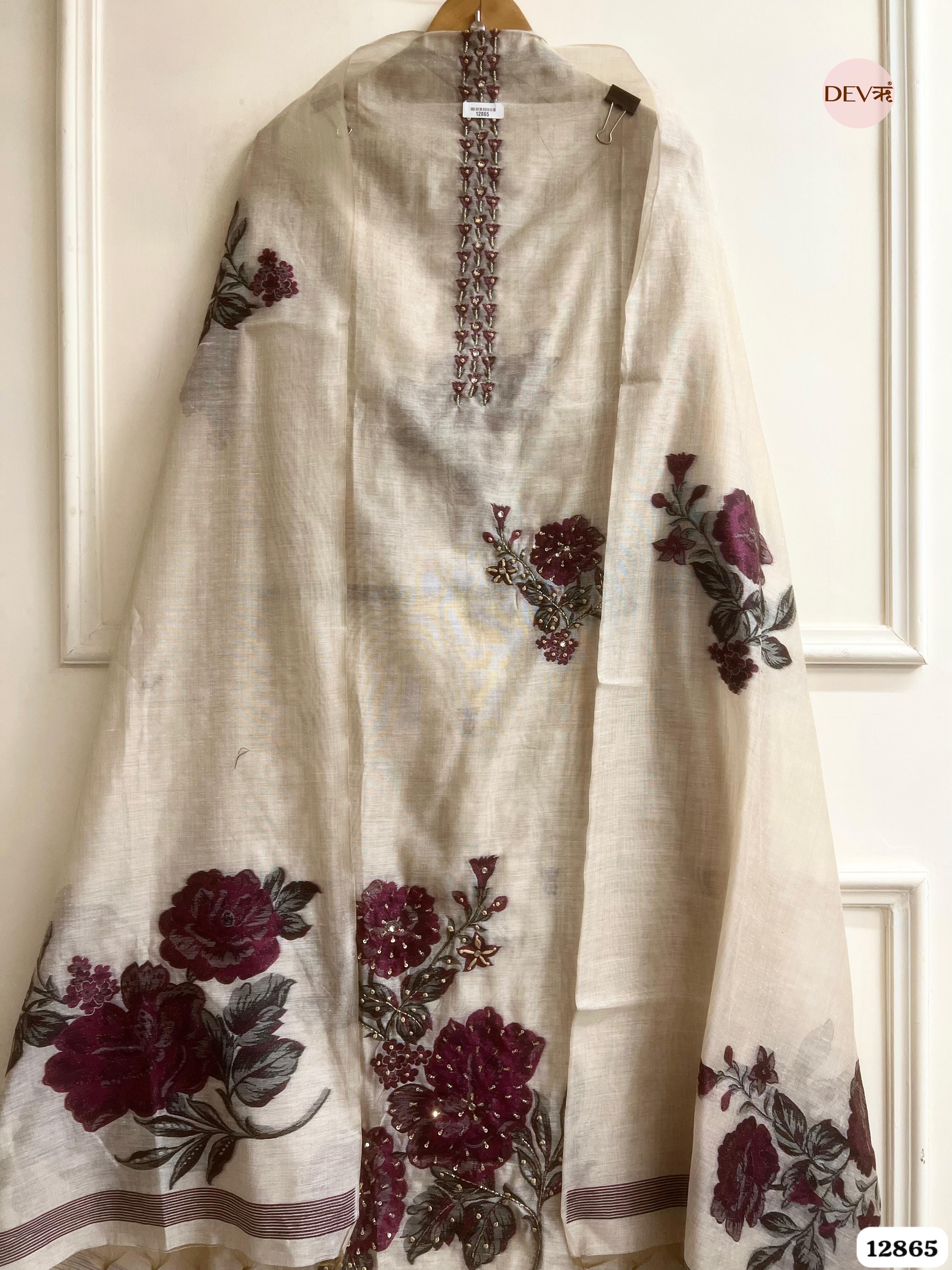 Ivory Mul Chanderi Embroidered Unstitched 3-Piece Suit (Devri – D.No 12865)