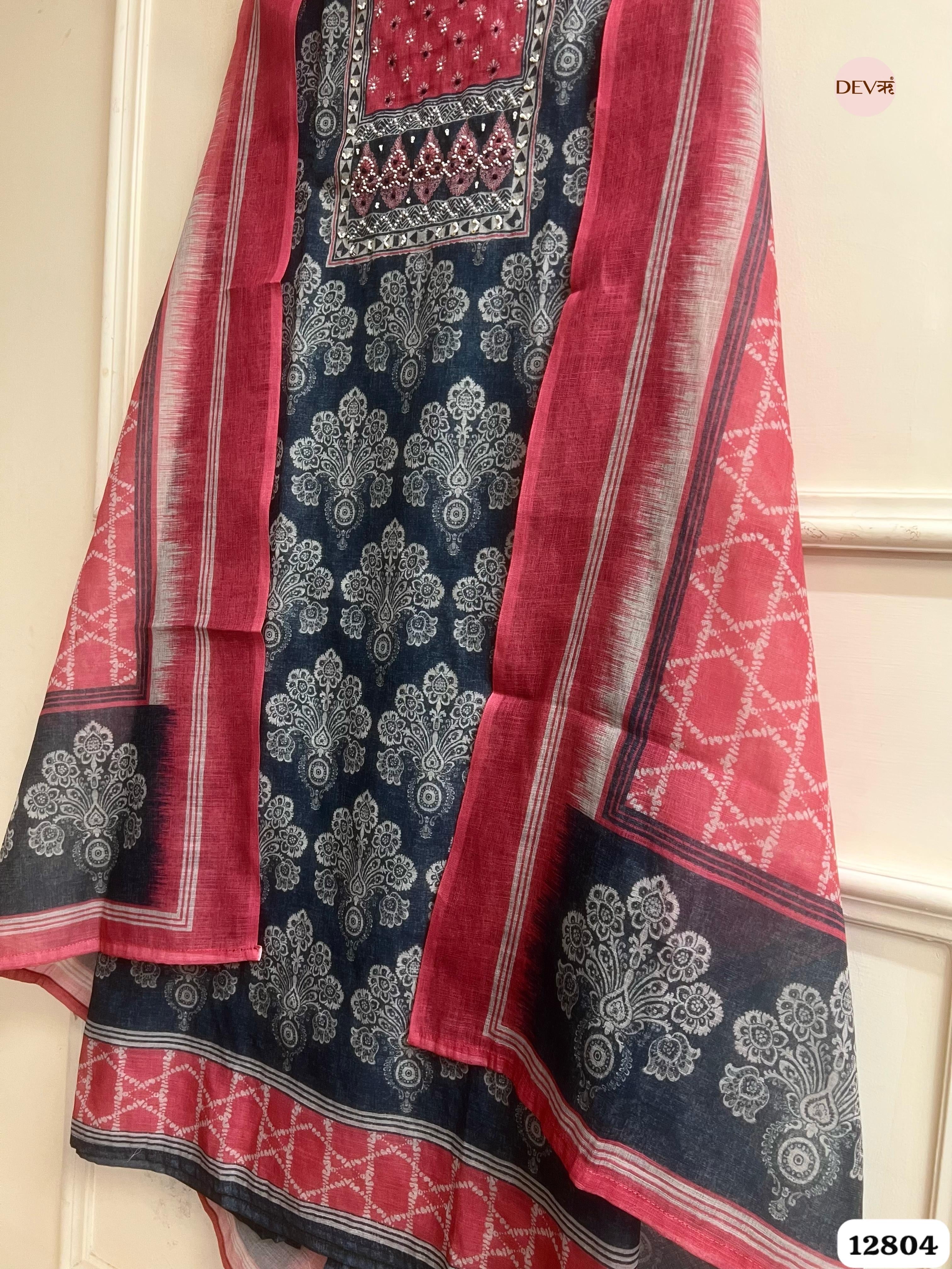 Navy Linen Cotton Printed Unstitched 3-Piece Suit (Devri – D.No 12804)