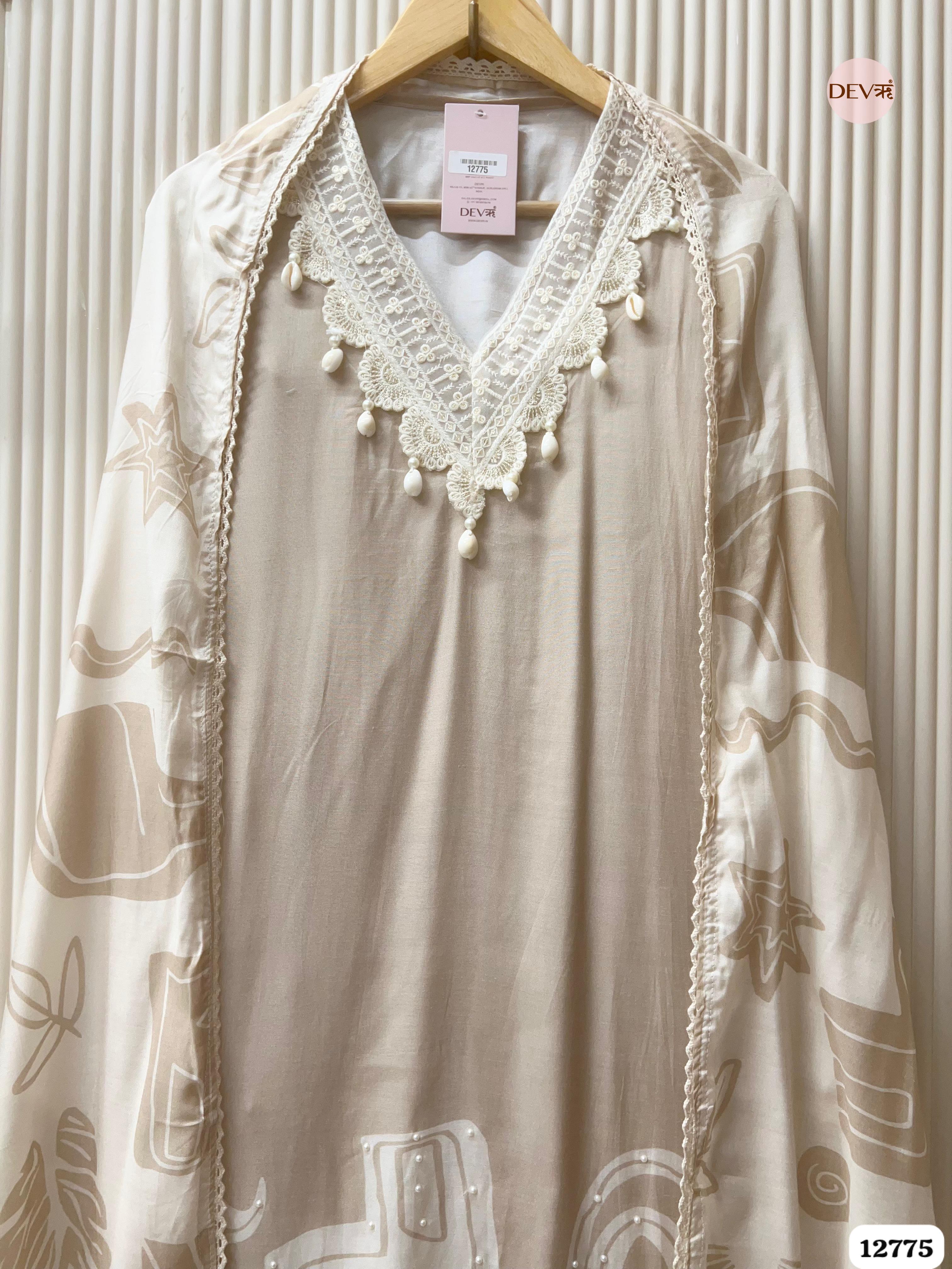 Beige Muslin Printed Unstitched 3-Piece Suit (Devri – D.No 12775)