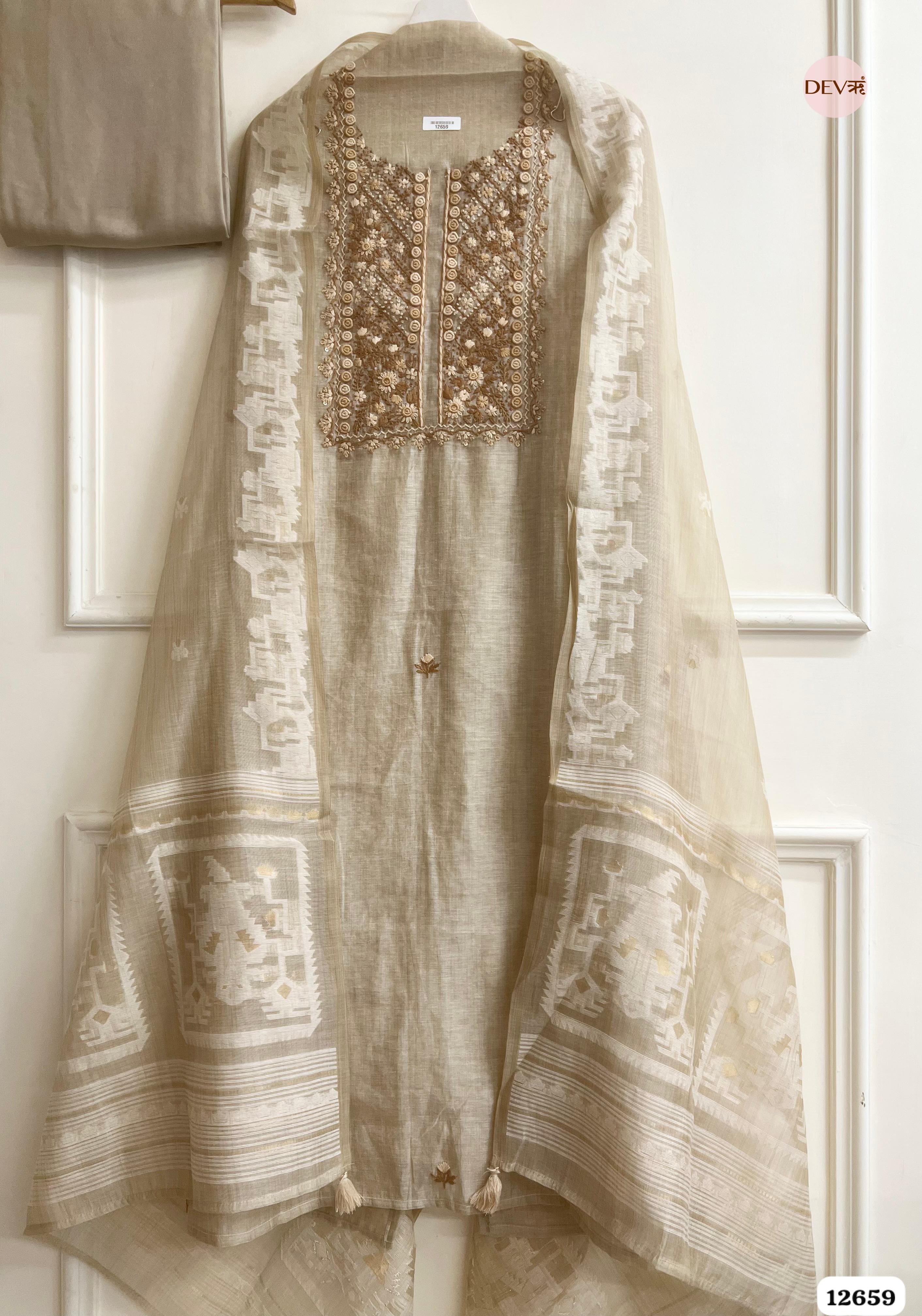 Beige Mul Chanderi Embroidered Unstitched 3-Piece Suit (Devri – D.No 12659)