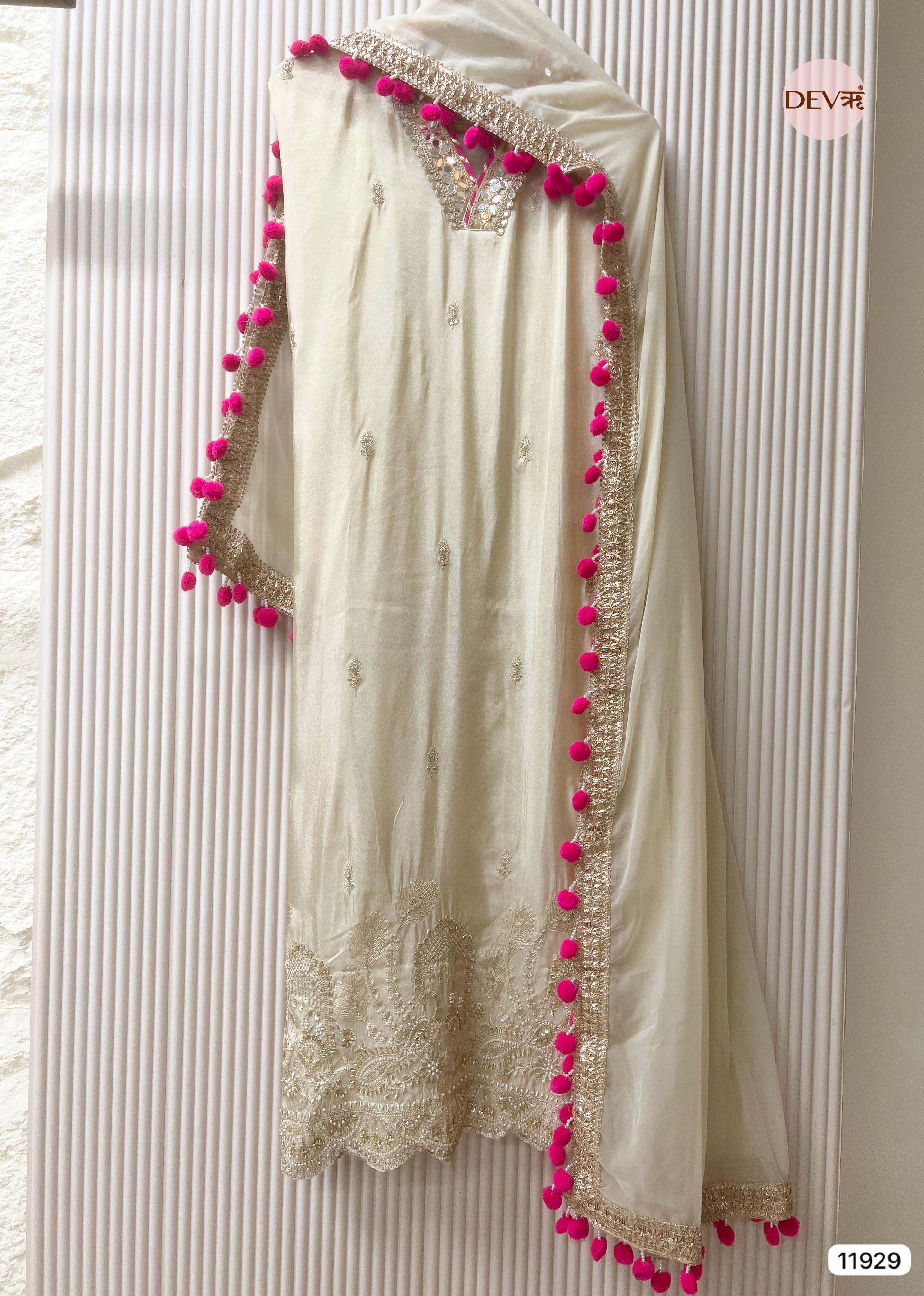 Ivory Shimmer Silk Embroidered Unstitched 3-Piece Suit (Devri – D.No 11929)