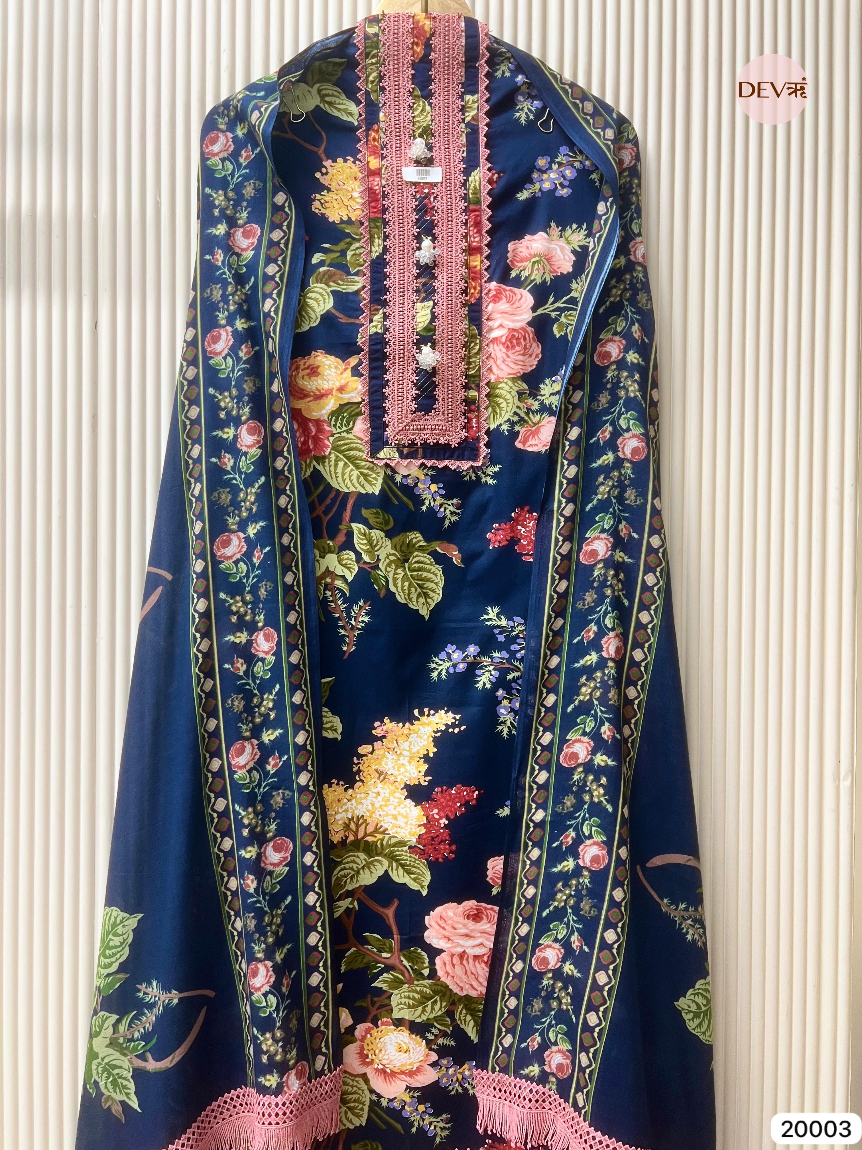 Indigo Meadow Pure Cotton Printed Unstitched 3-Piece Suit (Devri – D.No 20003)