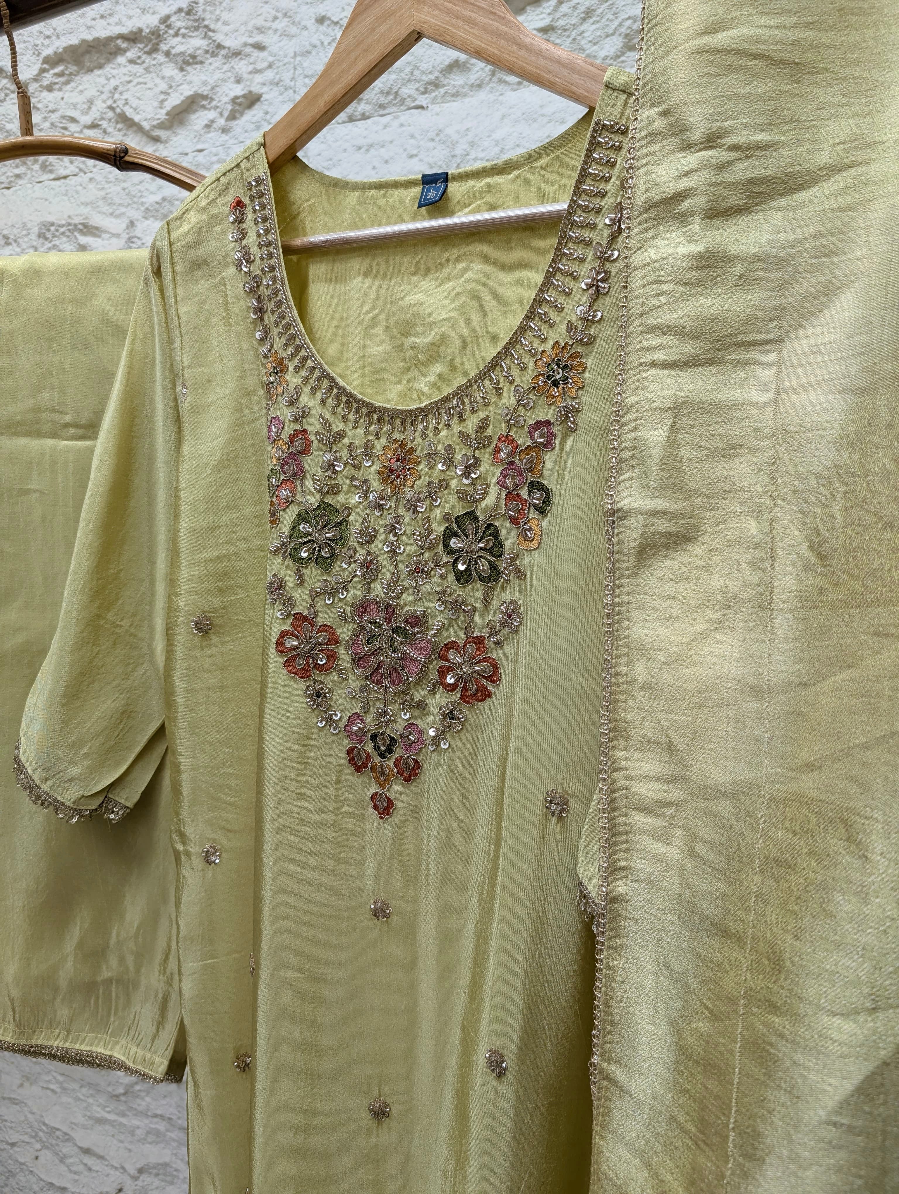 Gulnaar Tissue silk Embroidered Lime Green 3-Piece Set (Devri – D.No 13795)