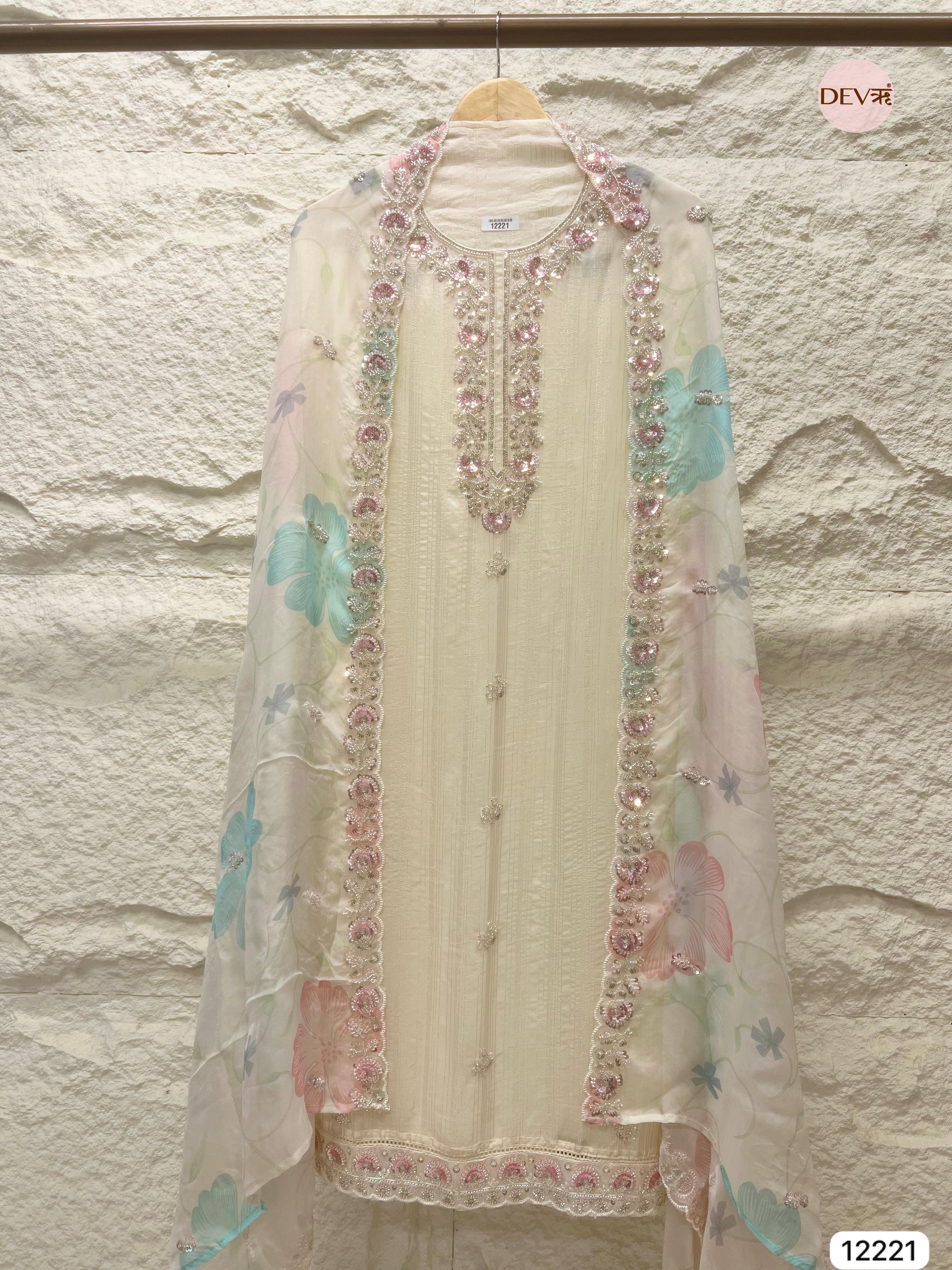 Ivory Pure Organza Hand-Embroidered Unstitched 3-Piece Suit (Devri – D.No 12221)