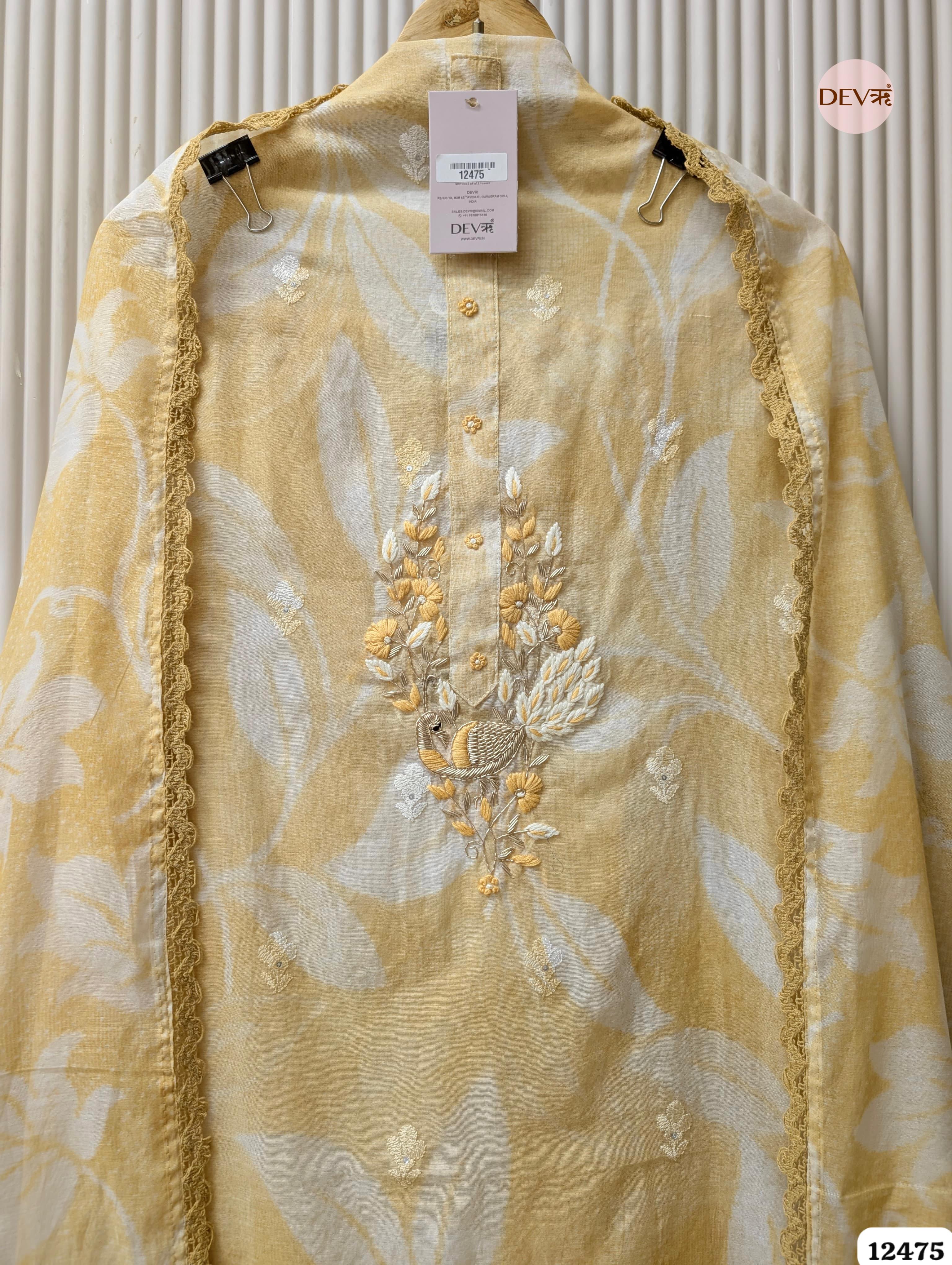 Soft Mustard Mul Chanderi Embroidered Unstitched 3-Piece Suit (Devri – D.No. 12475)