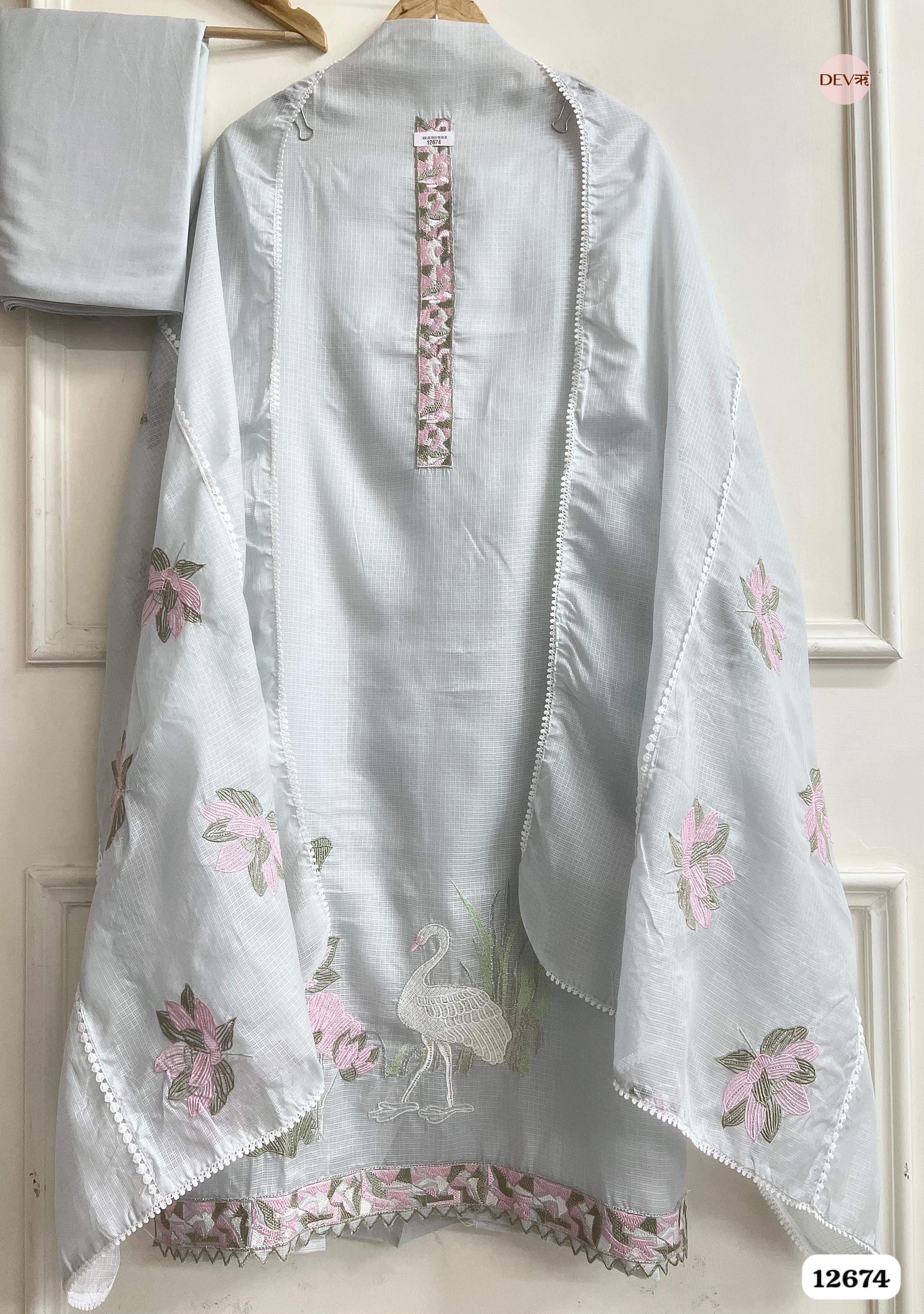 Sky Blue Kota Embroidered Unstitched 3-Piece Suit (Devri – D.No 12674)