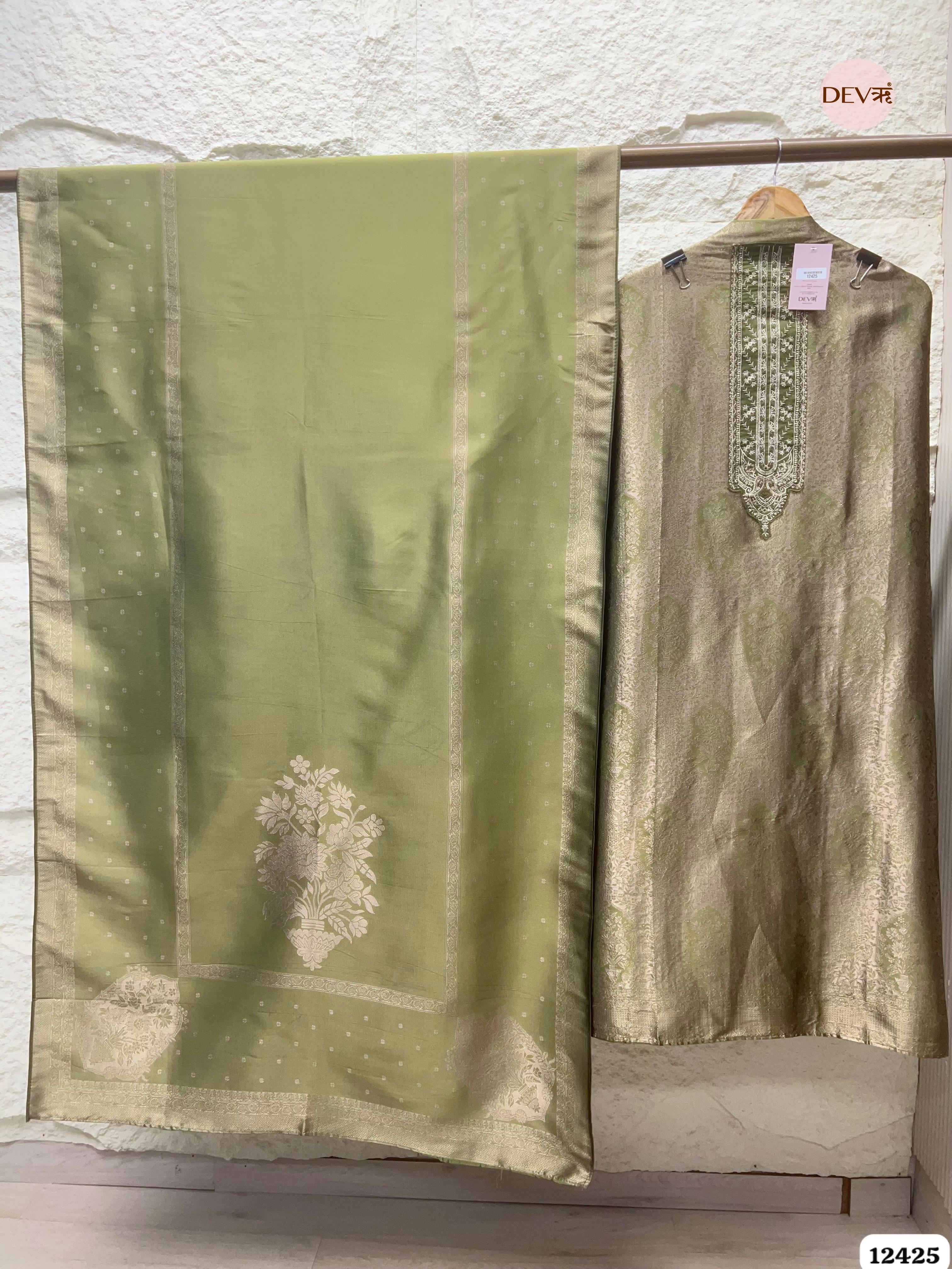 Soft Olive Banarasi Silk Printed Unstitched 3-Piece Suit (Devri – D.No. 12425)