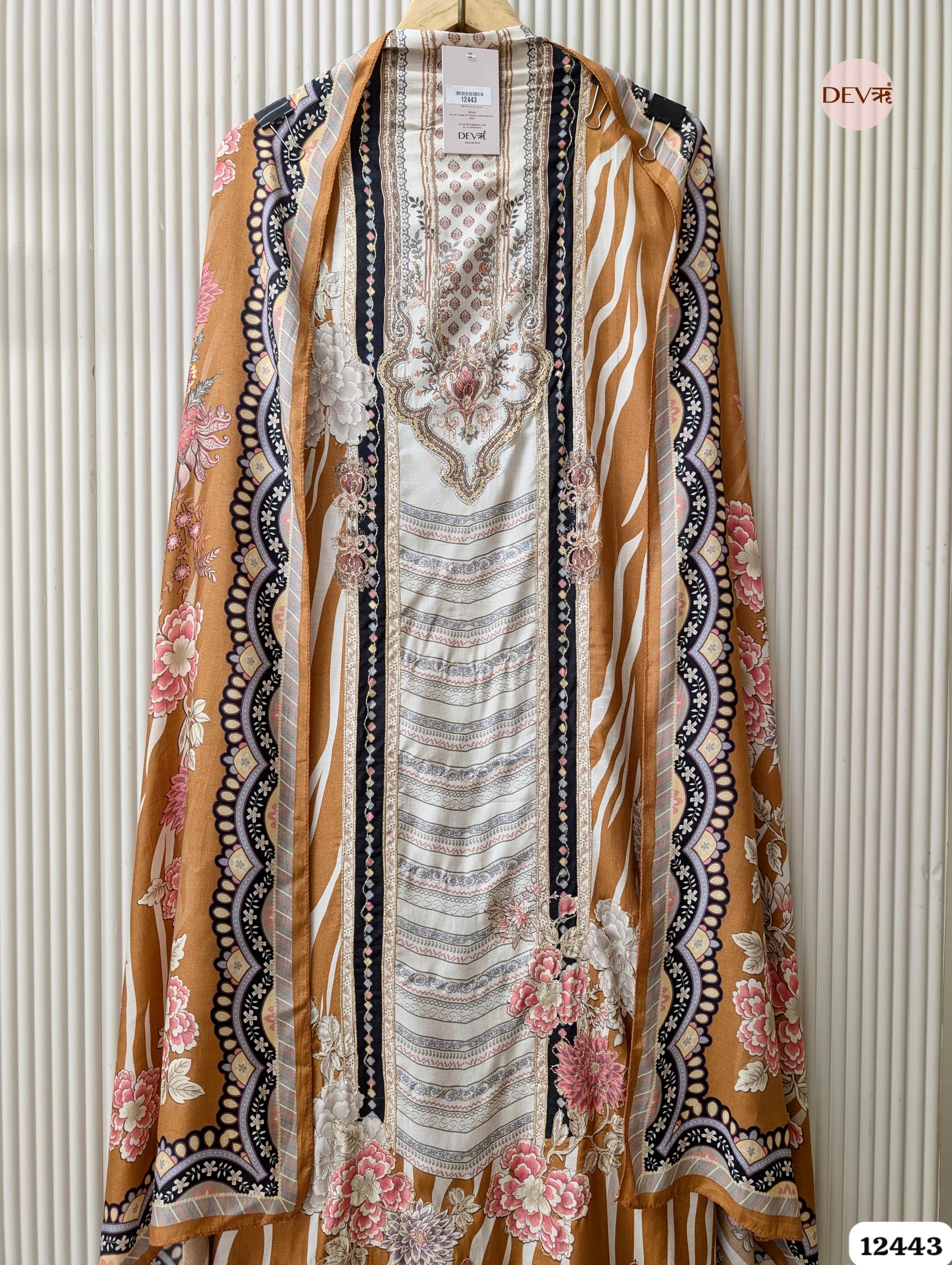 Rust Orange Muslin Digital Printed Unstitched 3-Piece Suit (Devri – D.No 12443)