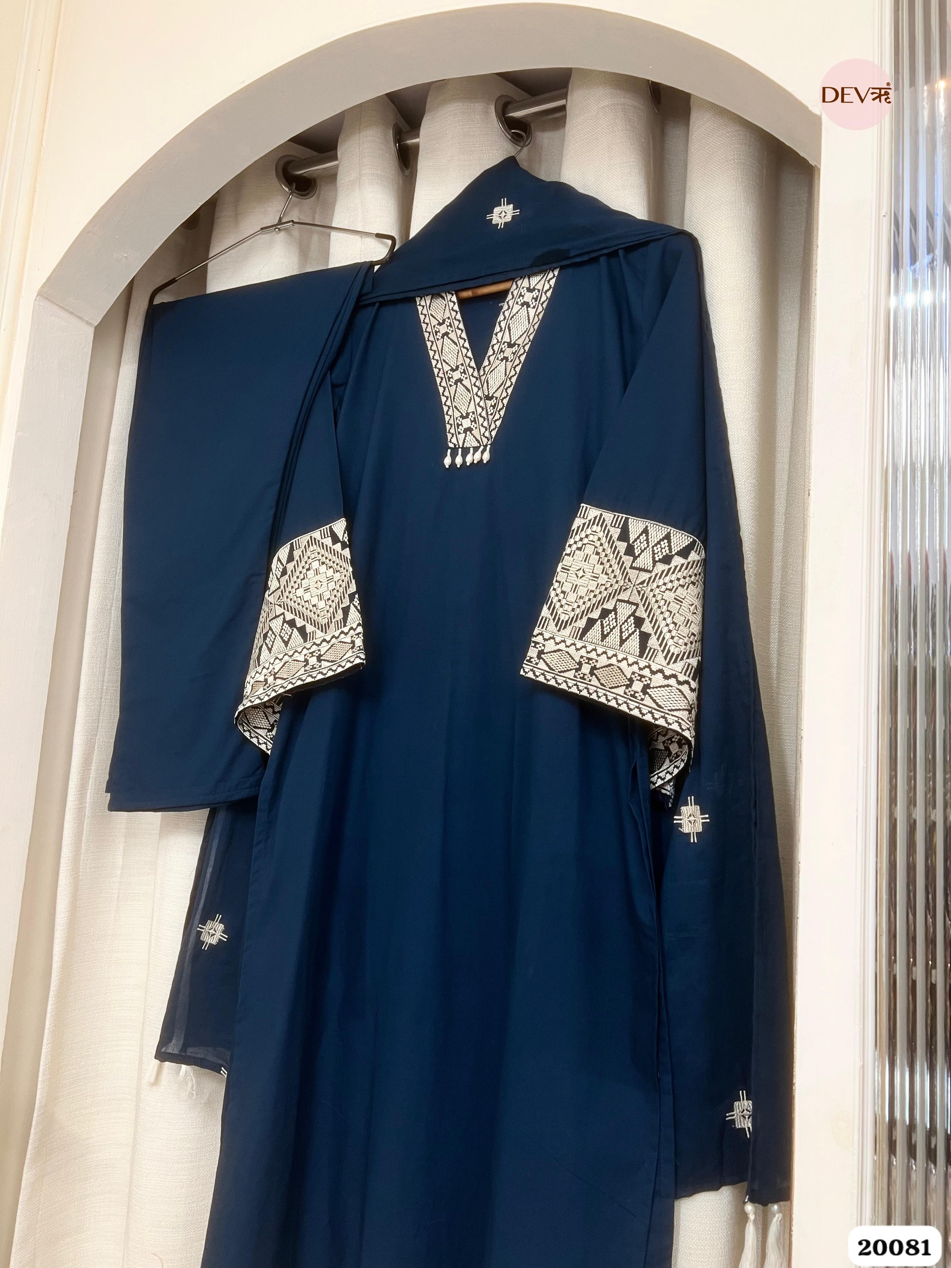 Naira Cotton Slub Embroidered Navy Blue 3-Piece Set (Devri – D.No 20081)