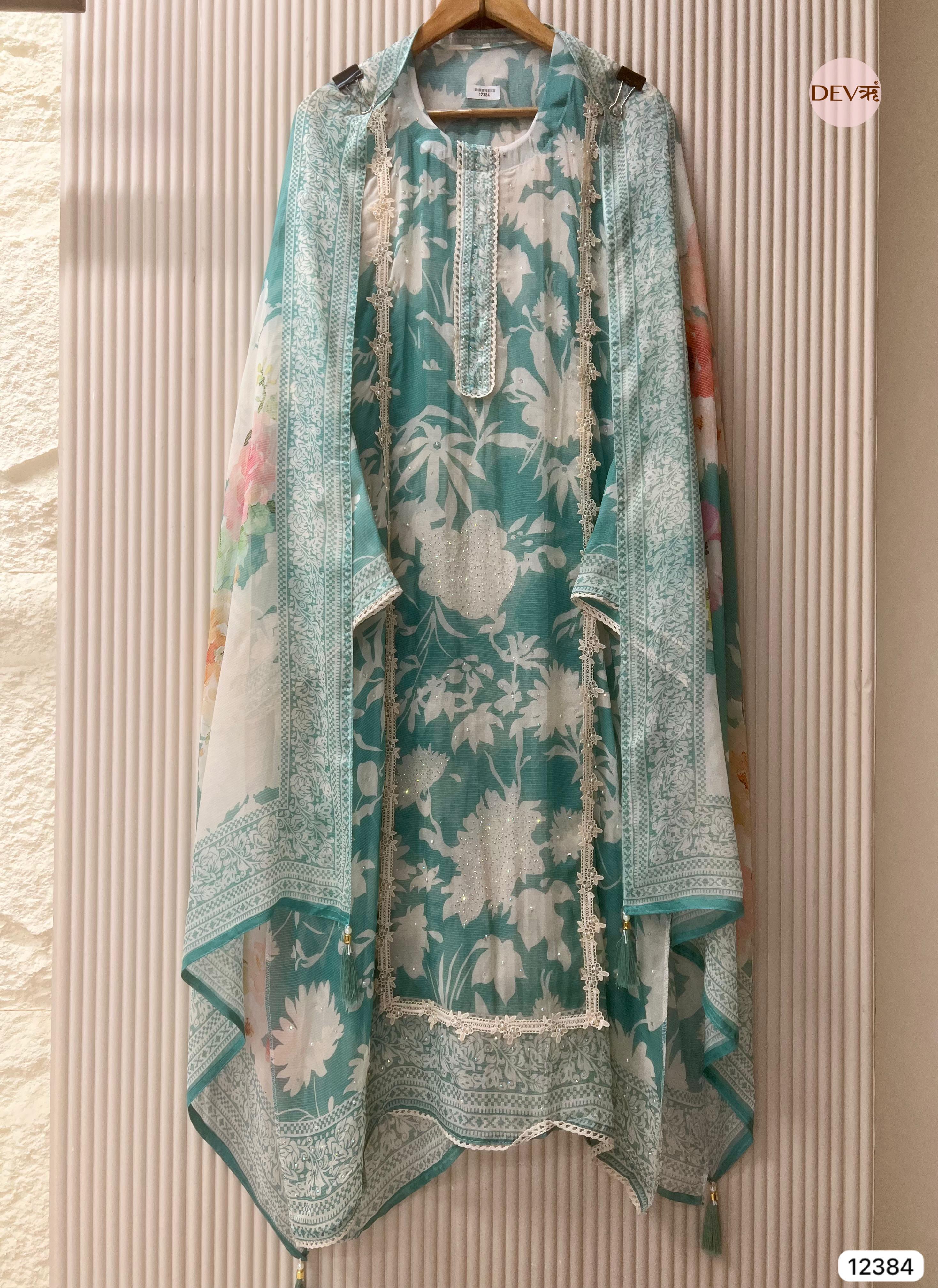 Sea Green Organza Printed Unstitched 3-Piece Suit (Devri – D.No 12384)