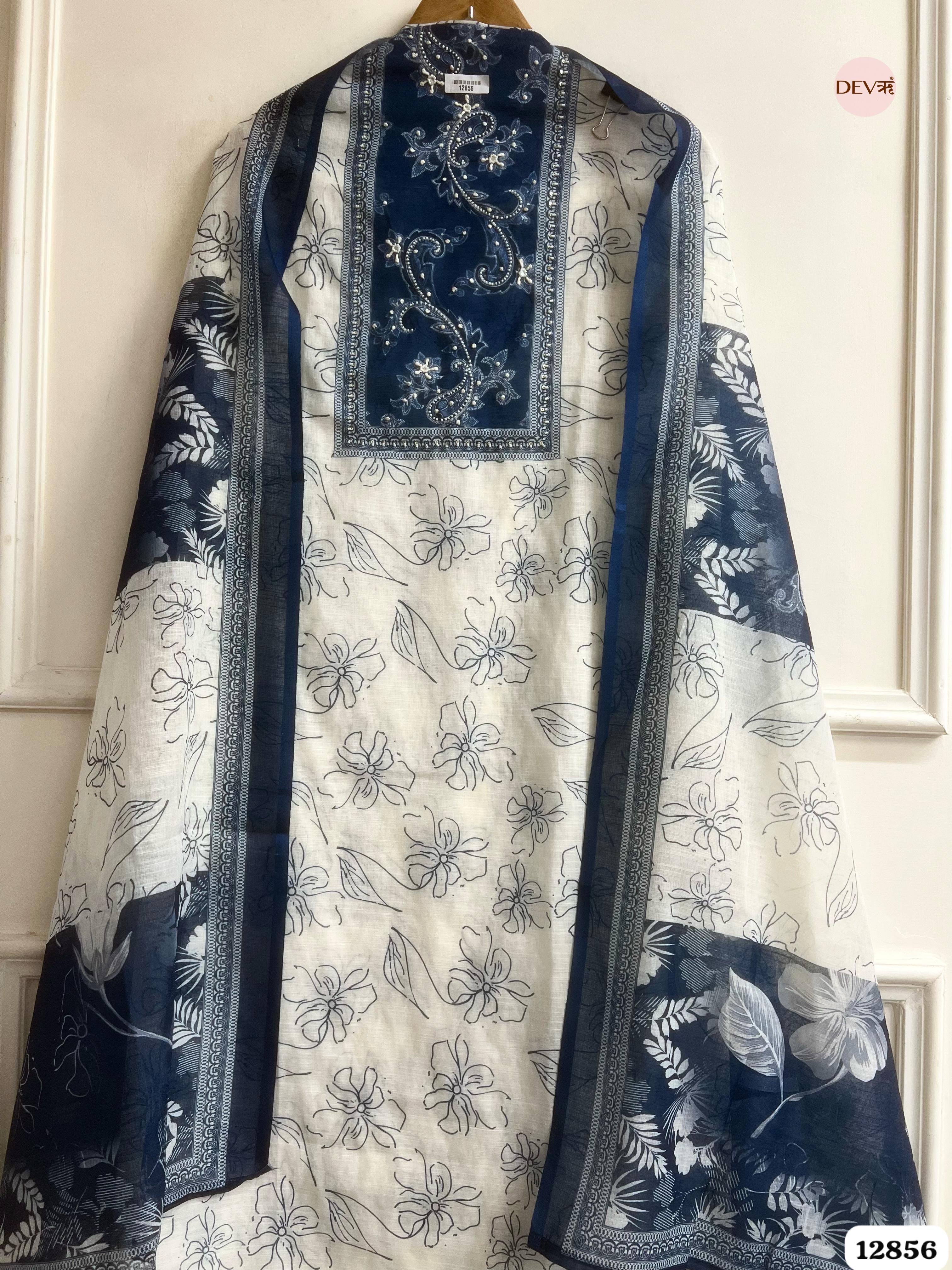 Cream Linen Cotton Printed Unstitched 3-Piece Suit (Devri – D.No 12856)
