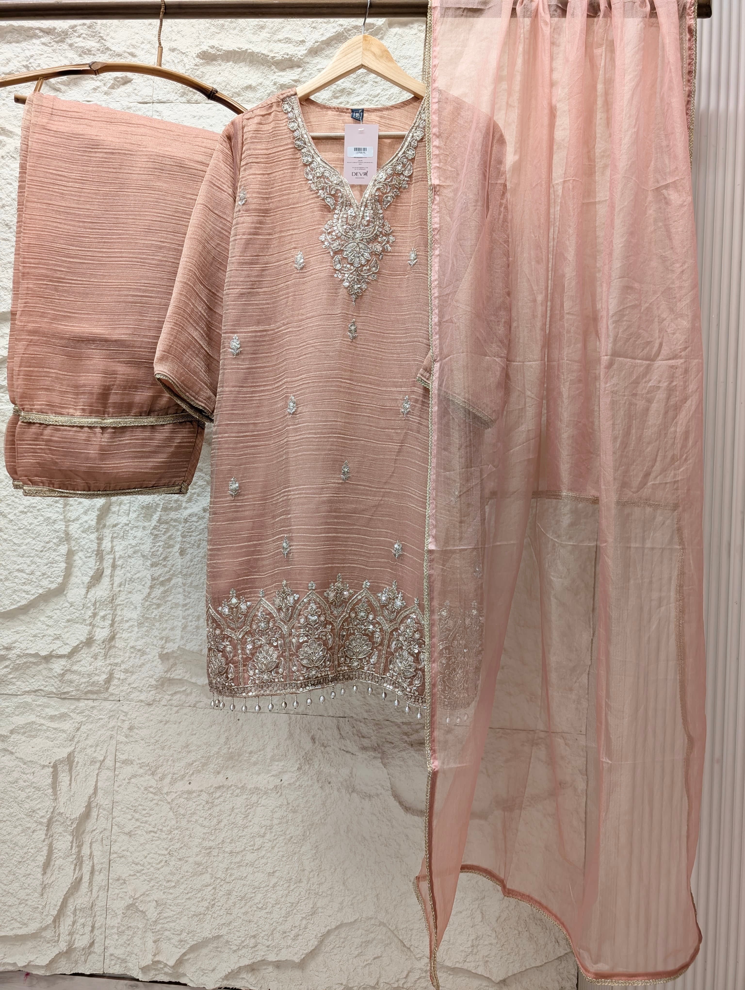 Gulrang Tissue silk blend Embroidered Peach 3-Piece Set (Devri – D.No 13750)