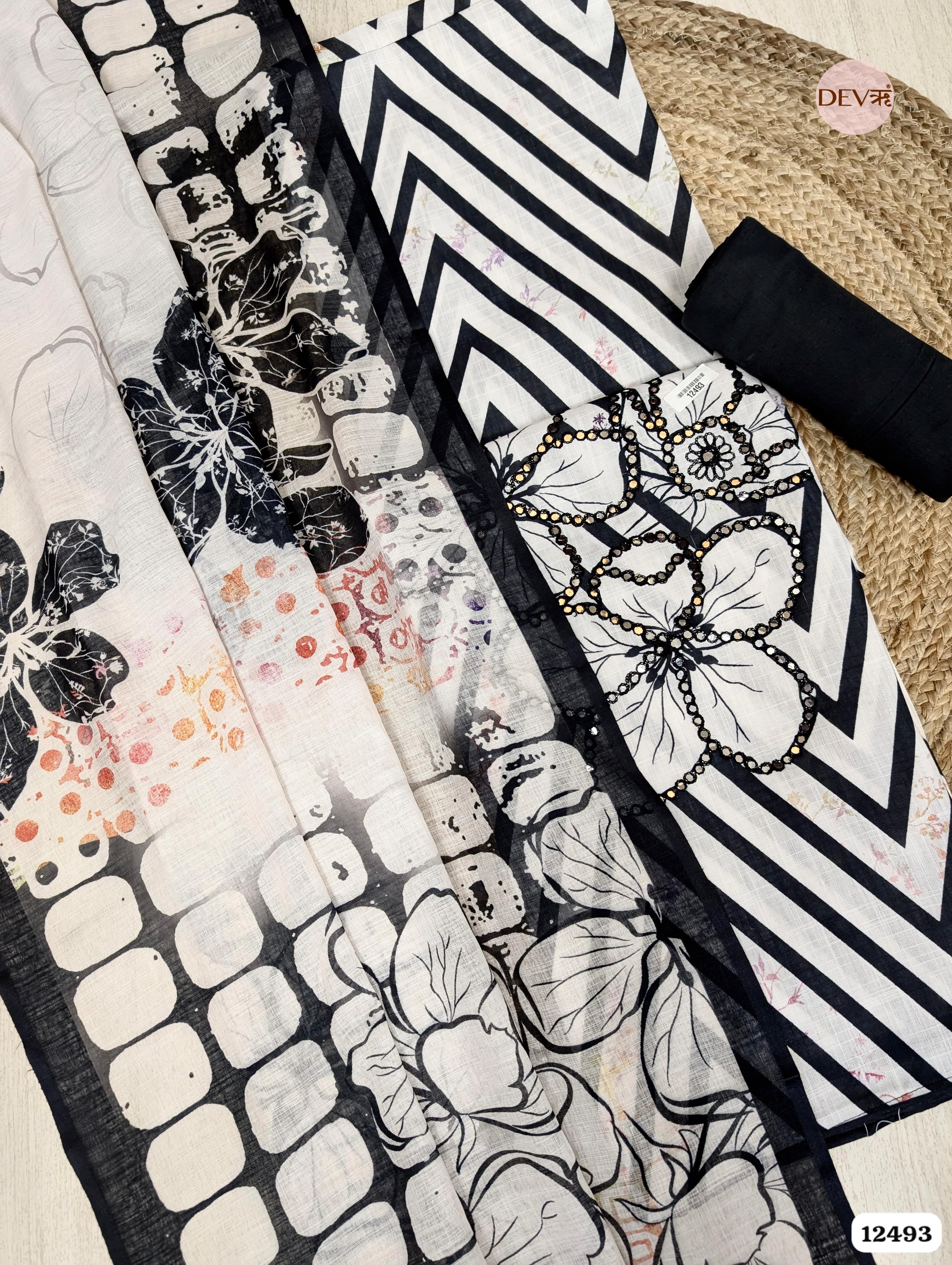 Black & White Linen Cotton Printed Unstitched 3-Piece Suit (Devri – D.No. 12493)