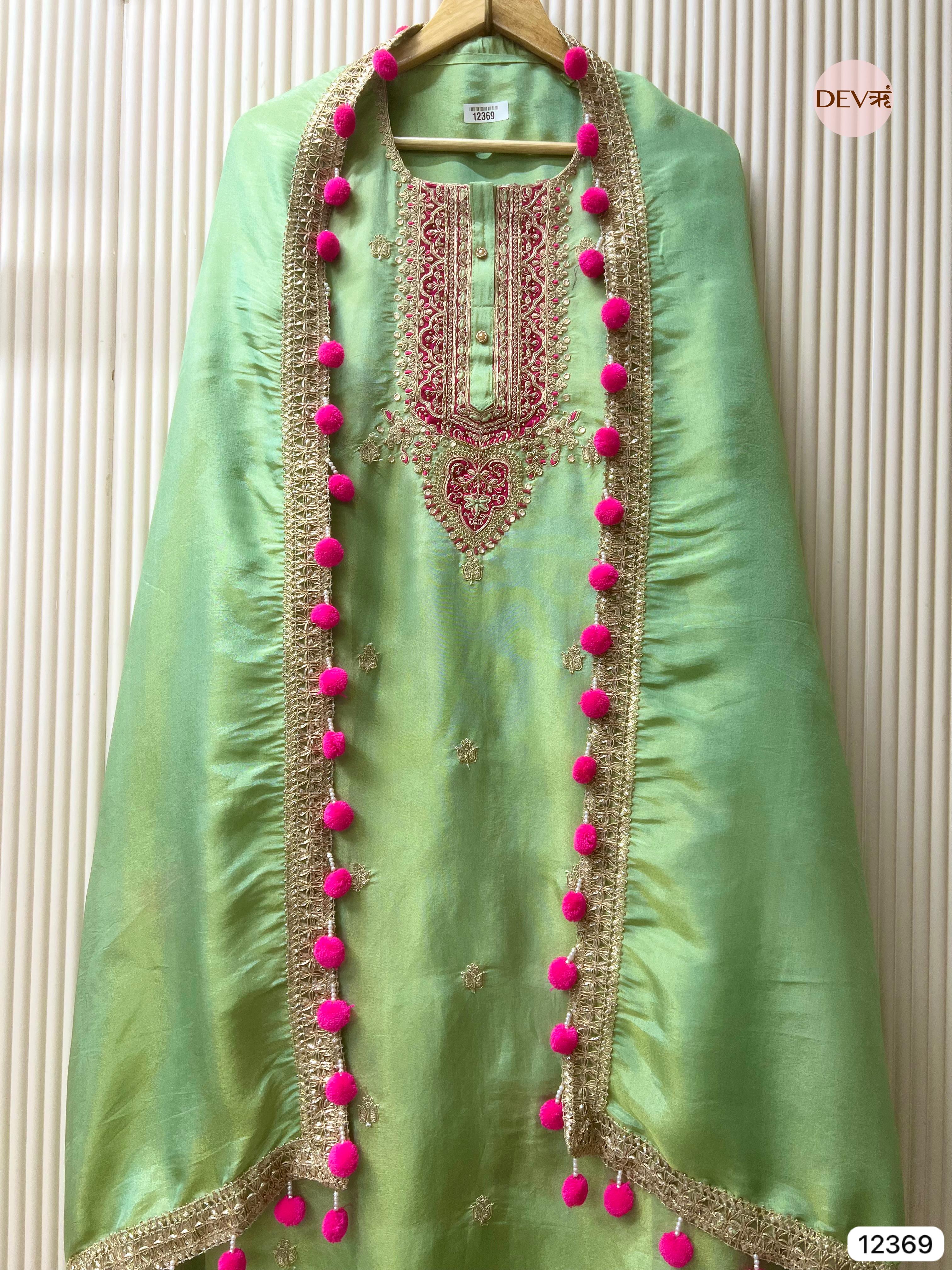 Mint Green Shimmer Silk Hand Embroidered Unstitched 3-Piece Suit (Devri – D.No 12369)